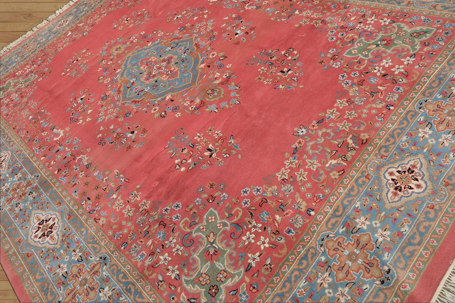 9x12 Pink, Blue, Sage Color Hand Knotted Kashan Wool Traditional/ Botanical Oriental Rug