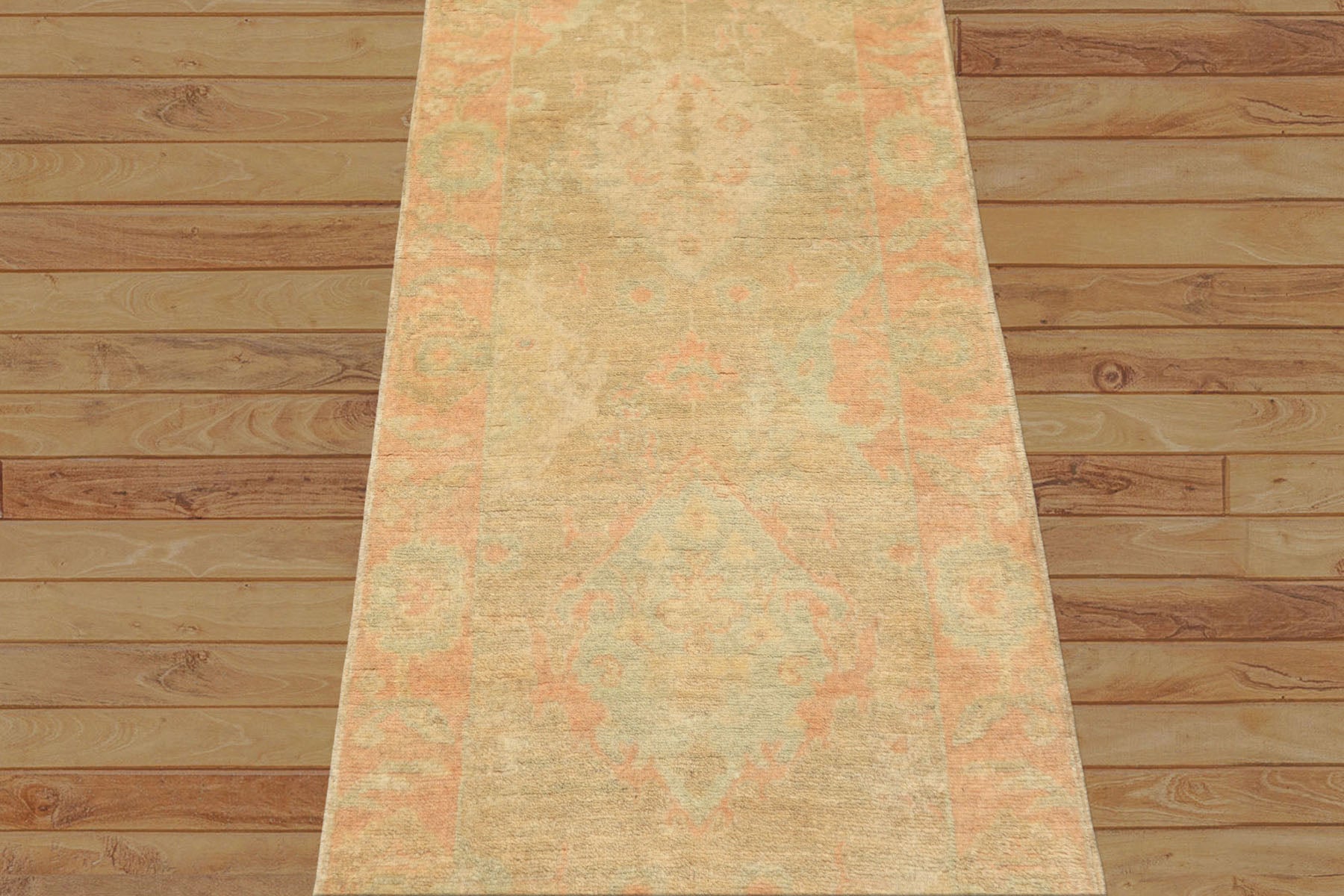 2'6x10 Beige, Mint, Blush Color Hand Knotted Oushak Wool Transitional Oriental Rug