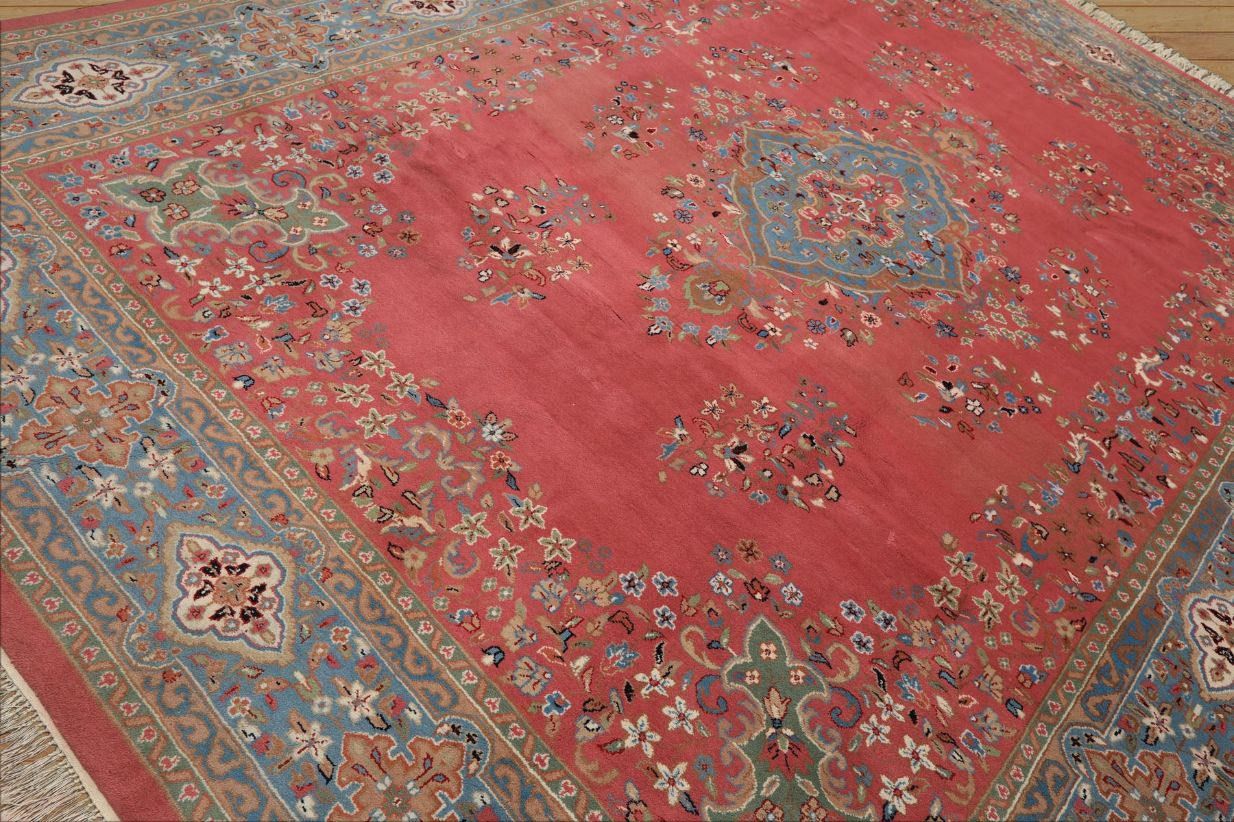 9x12 Pink, Blue, Sage Color Hand Knotted Kashan Wool Traditional/ Botanical Oriental Rug