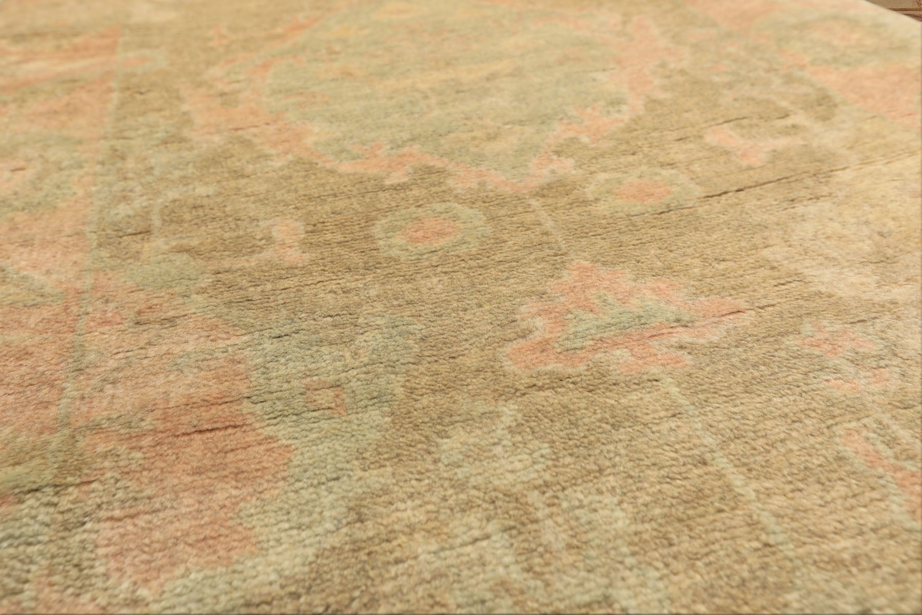 2'6x10 Beige, Mint, Blush Color Hand Knotted Oushak Wool Transitional Oriental Rug