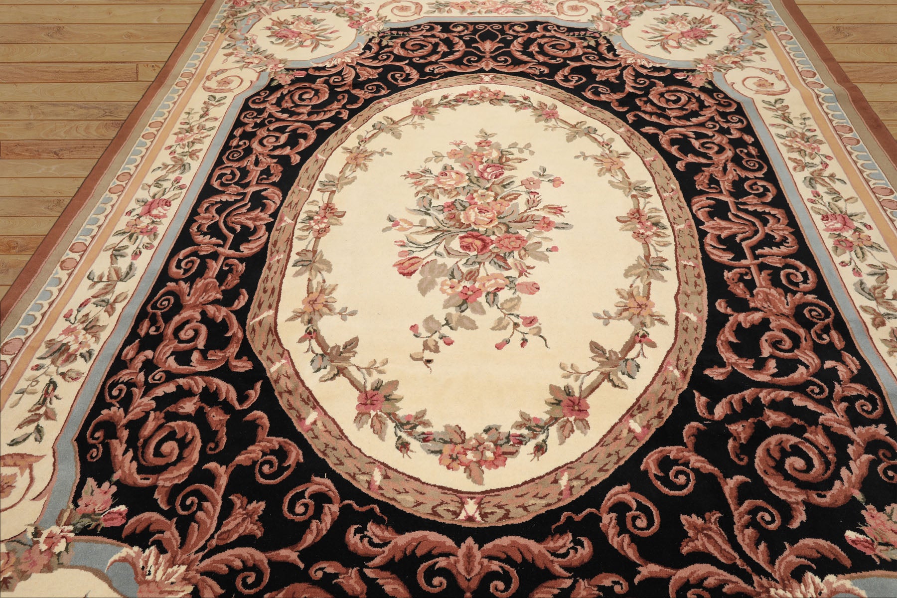 9x12 Ivory, Black, Tan Color Hand Knotted Aubusson Savonnerrie Wool Traditional/ Floral Oriental Rug