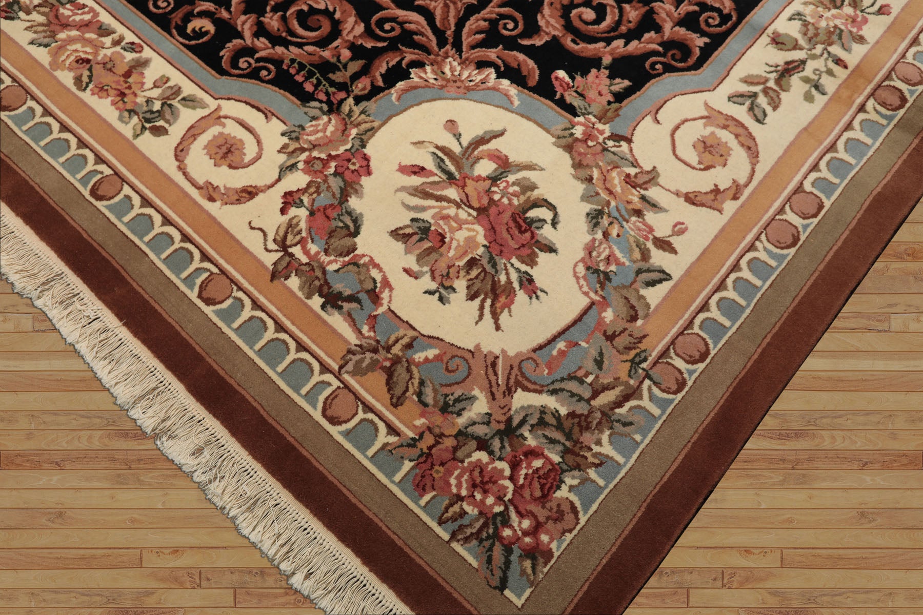 9x12 Ivory, Black, Tan Color Hand Knotted Aubusson Savonnerrie Wool Traditional/ Floral Oriental Rug