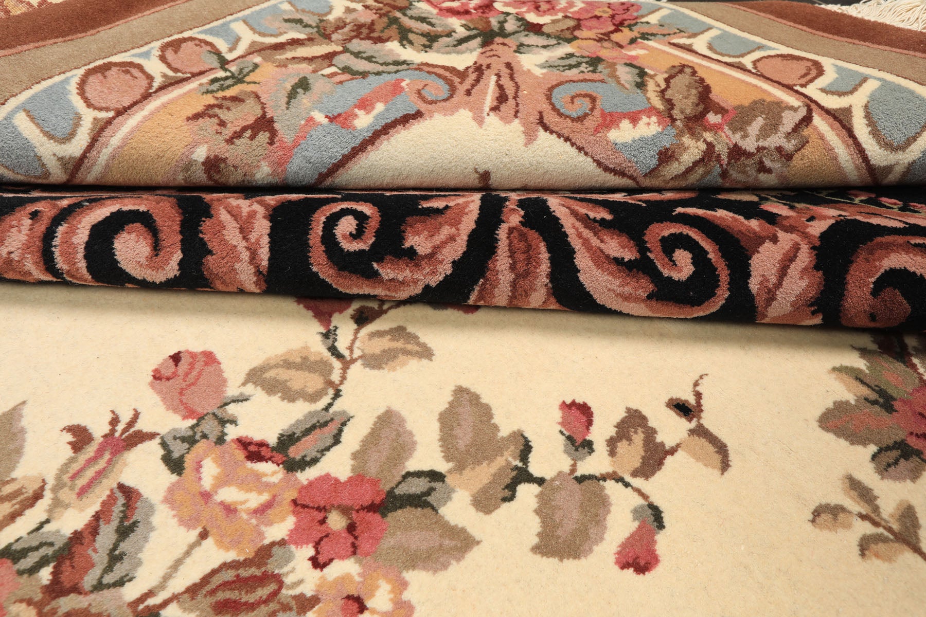 9x12 Ivory, Black, Tan Color Hand Knotted Aubusson Savonnerrie Wool Traditional/ Floral Oriental Rug