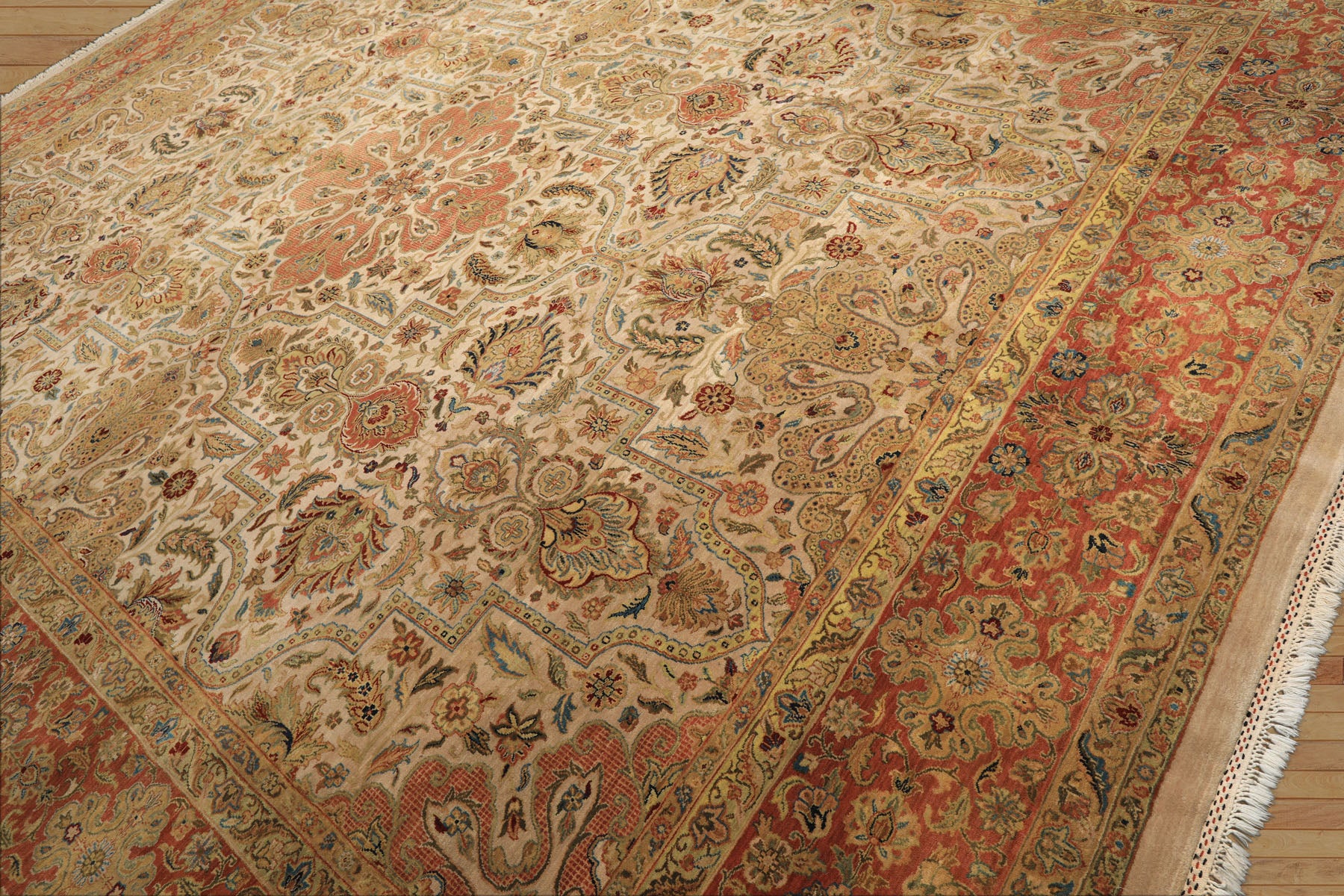 12x15 Beige, Burnt Orange, Lime Color Hand Knotted Agra Wool Traditional Oriental Rug