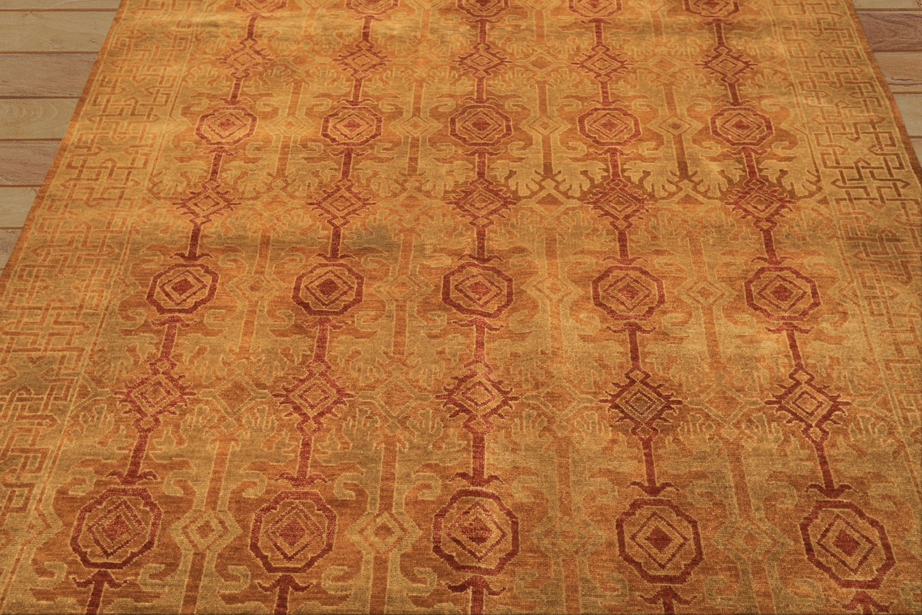 6x9 Caramel, Rust, Mint Color Hand Knotted Agra Wool Transitional Oriental Rug