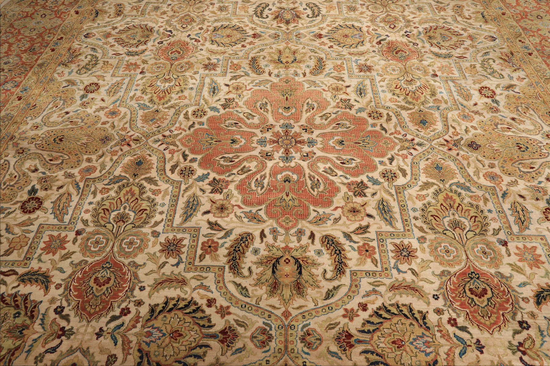 12x15 Beige, Burnt Orange, Lime Color Hand Knotted Agra Wool Traditional Oriental Rug