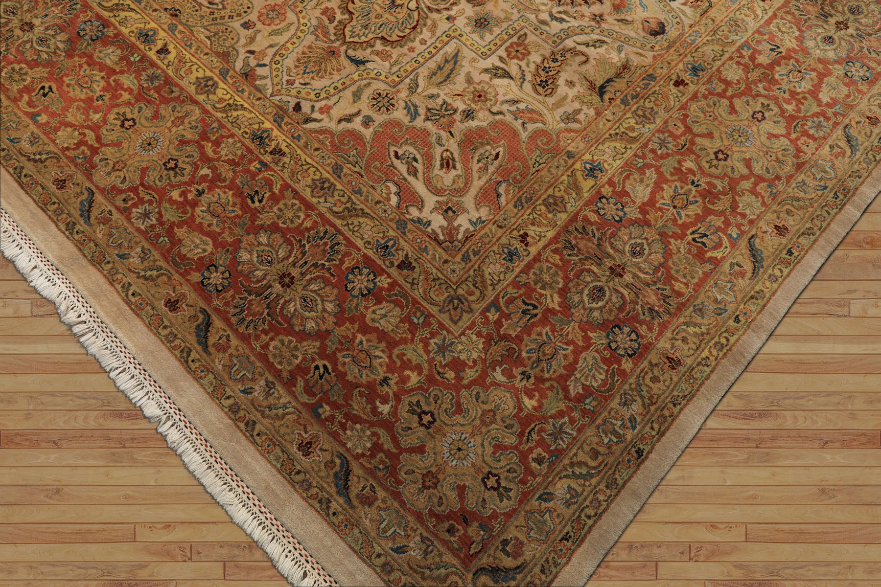 12x15 Beige, Burnt Orange, Lime Color Hand Knotted Agra Wool Traditional Oriental Rug