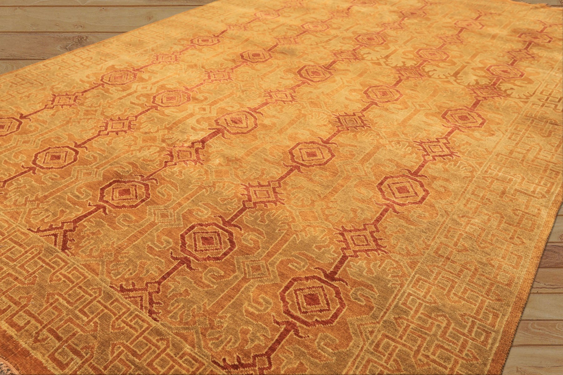 6x9 Caramel, Rust, Mint Color Hand Knotted Agra Wool Transitional Oriental Rug