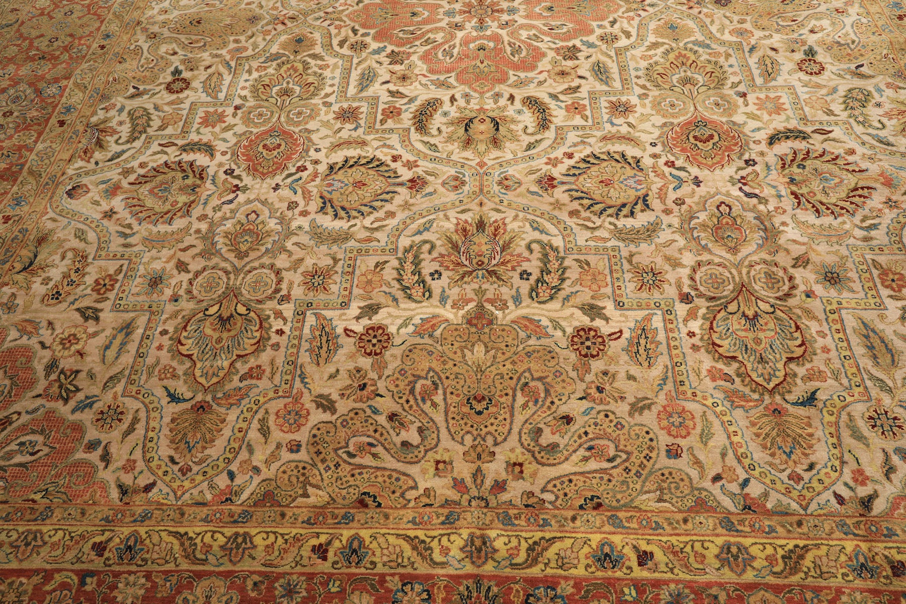 12x15 Beige, Burnt Orange, Lime Color Hand Knotted Agra Wool Traditional Oriental Rug