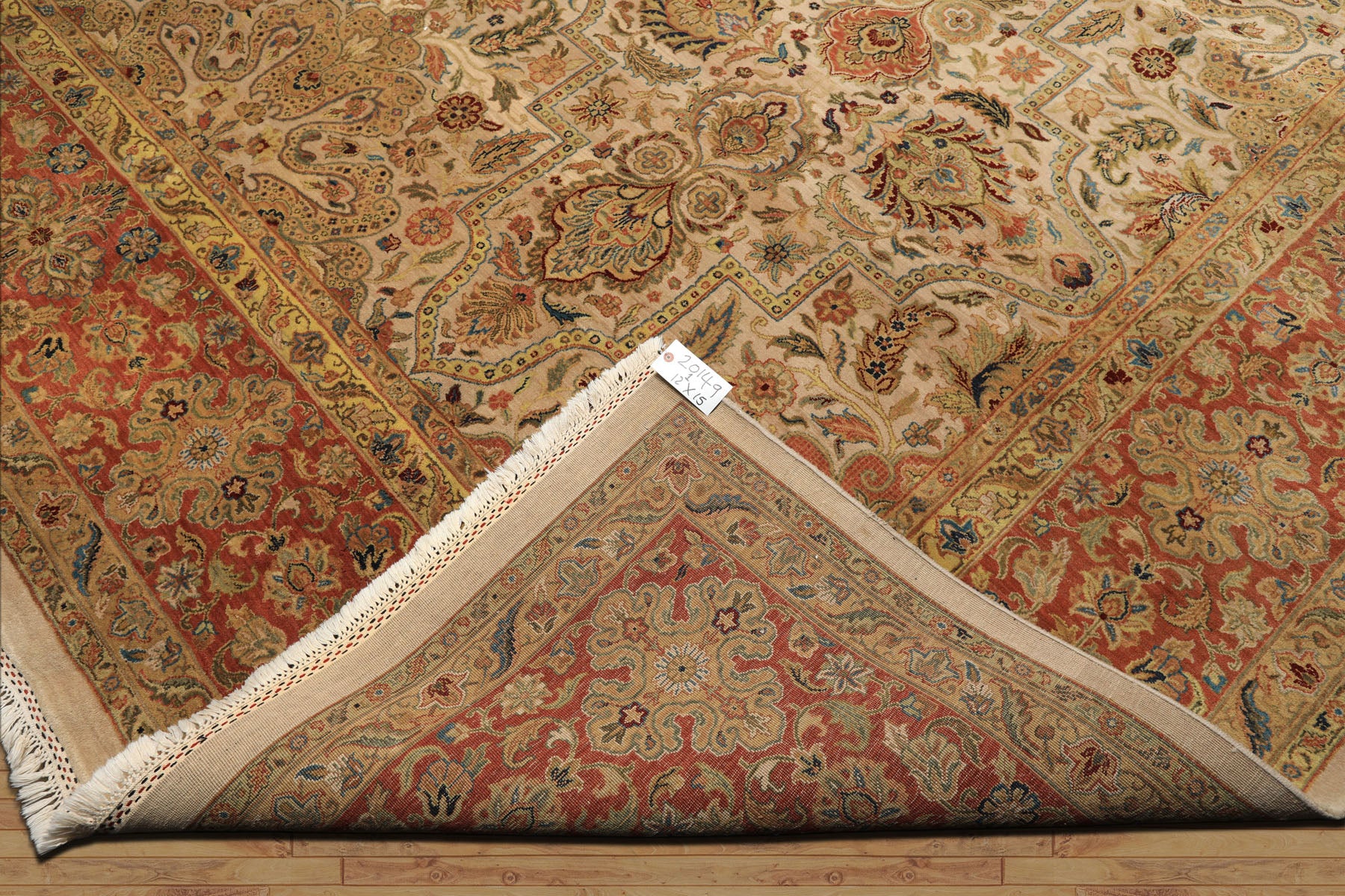 12x15 Beige, Burnt Orange, Lime Color Hand Knotted Agra Wool Traditional Oriental Rug