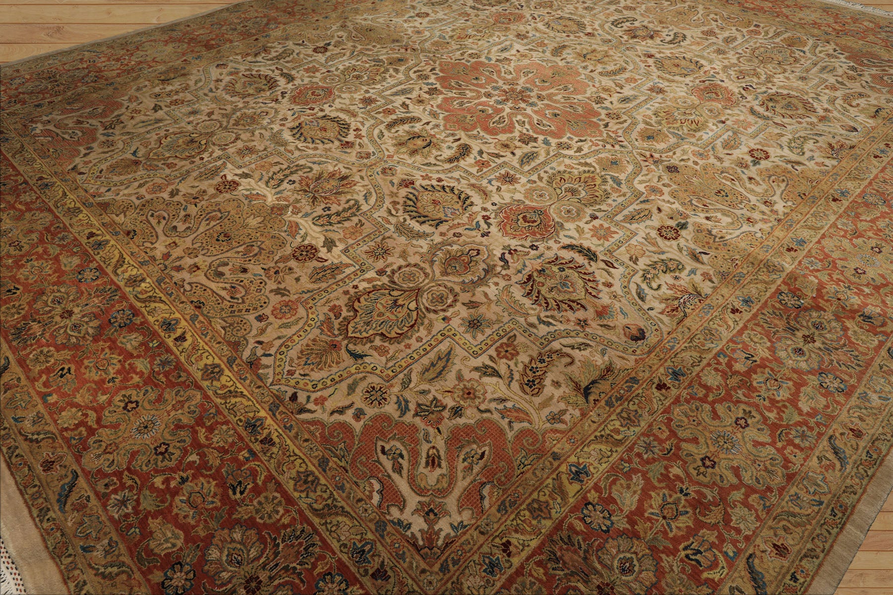 12x15 Beige, Burnt Orange, Lime Color Hand Knotted Agra Wool Traditional Oriental Rug