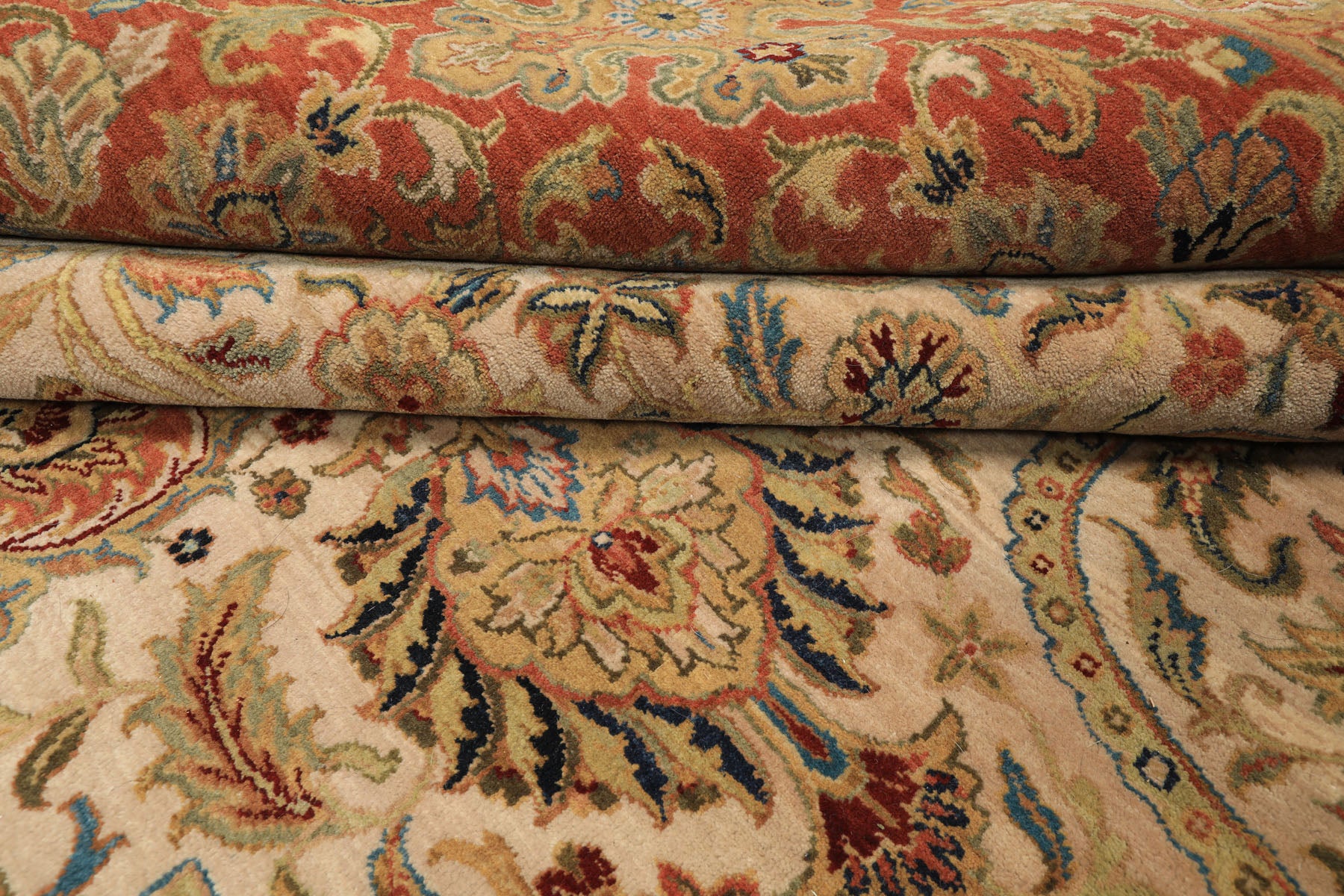 12x15 Beige, Burnt Orange, Lime Color Hand Knotted Agra Wool Traditional Oriental Rug