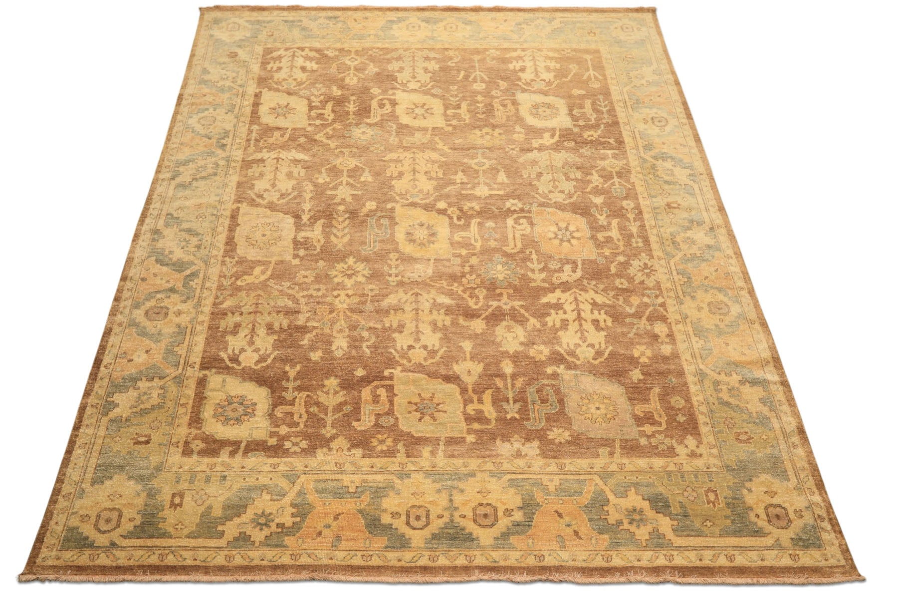 8x10 Brown, Gold, Slate Color Hand Knotted Oushak Wool Transitional Oriental Rug