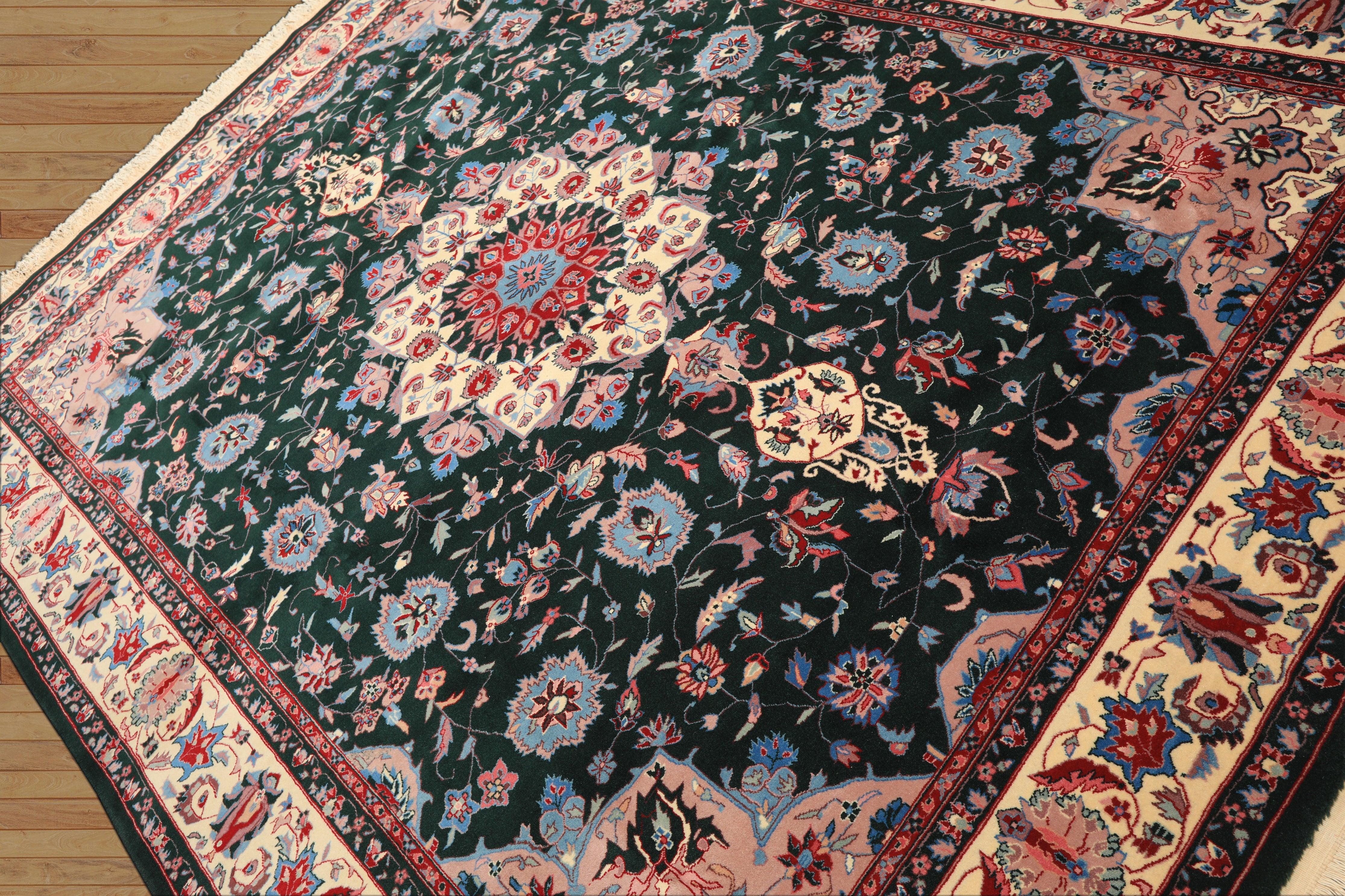 8x10 Dark Green, Ivory, Red Color Hand Knotted Tabriz New Zealand Wool Traditional Oriental Rug