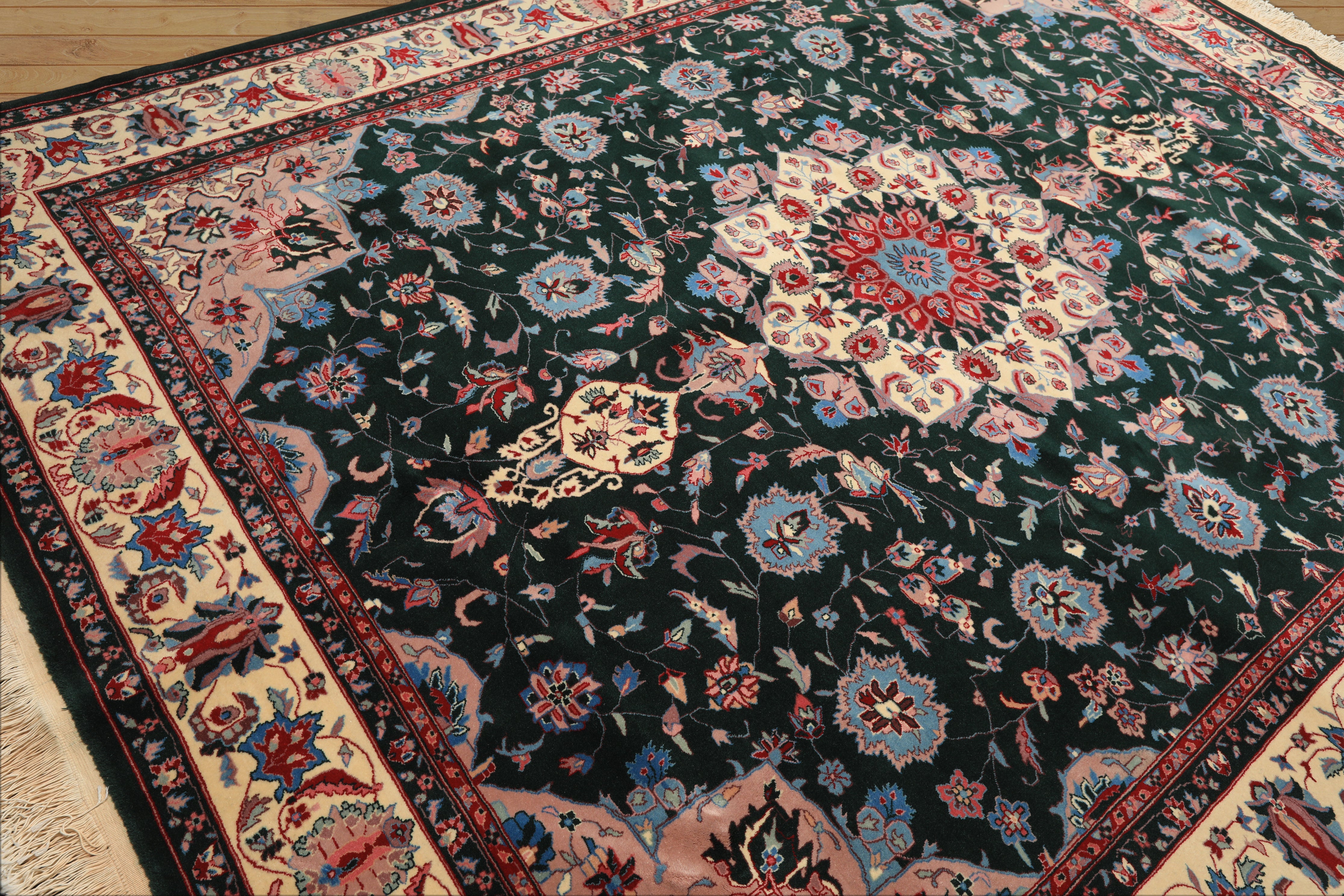 8x10 Dark Green, Ivory, Red Color Hand Knotted Tabriz New Zealand Wool Traditional Oriental Rug