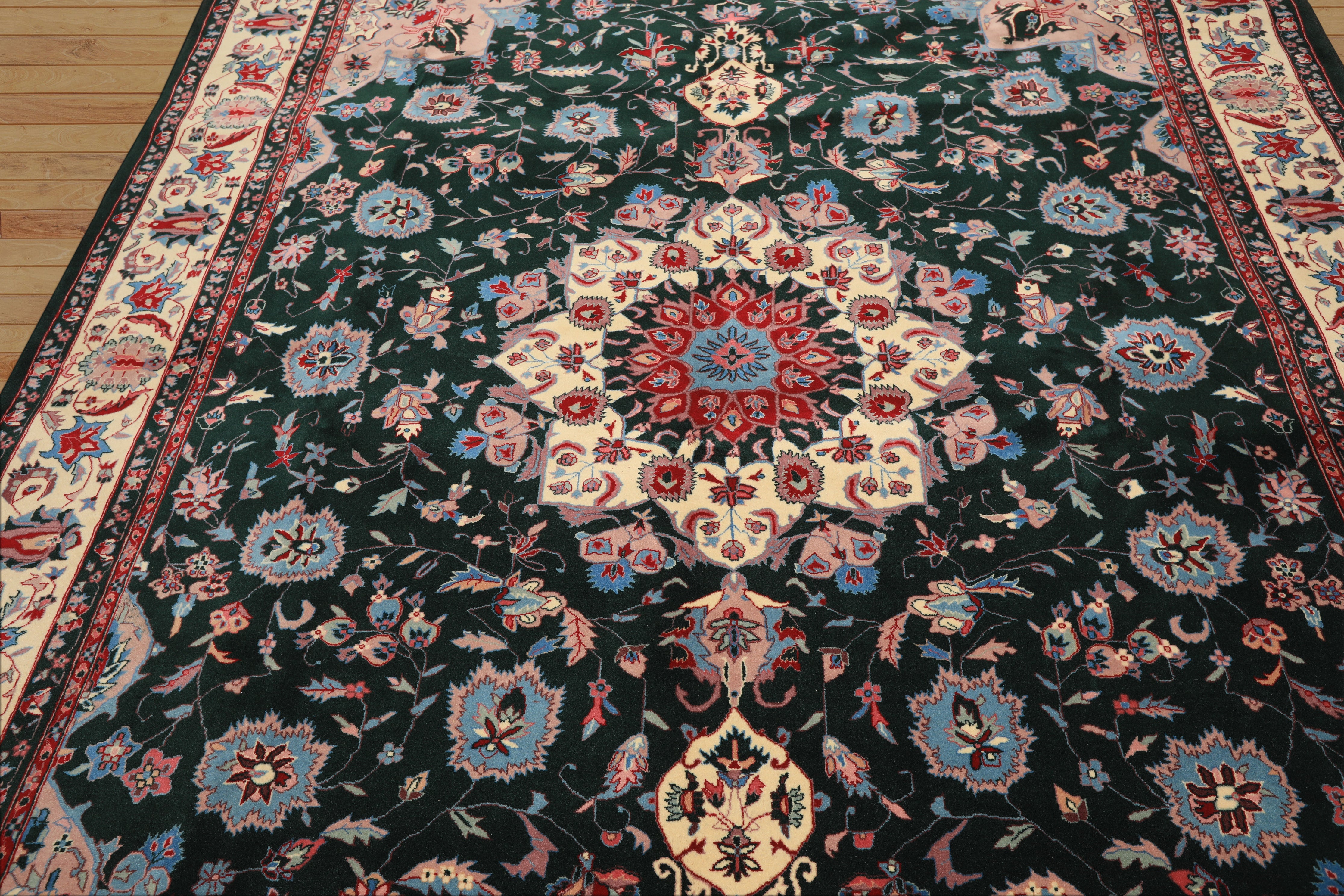 8x10 Dark Green, Ivory, Red Color Hand Knotted Tabriz New Zealand Wool Traditional Oriental Rug