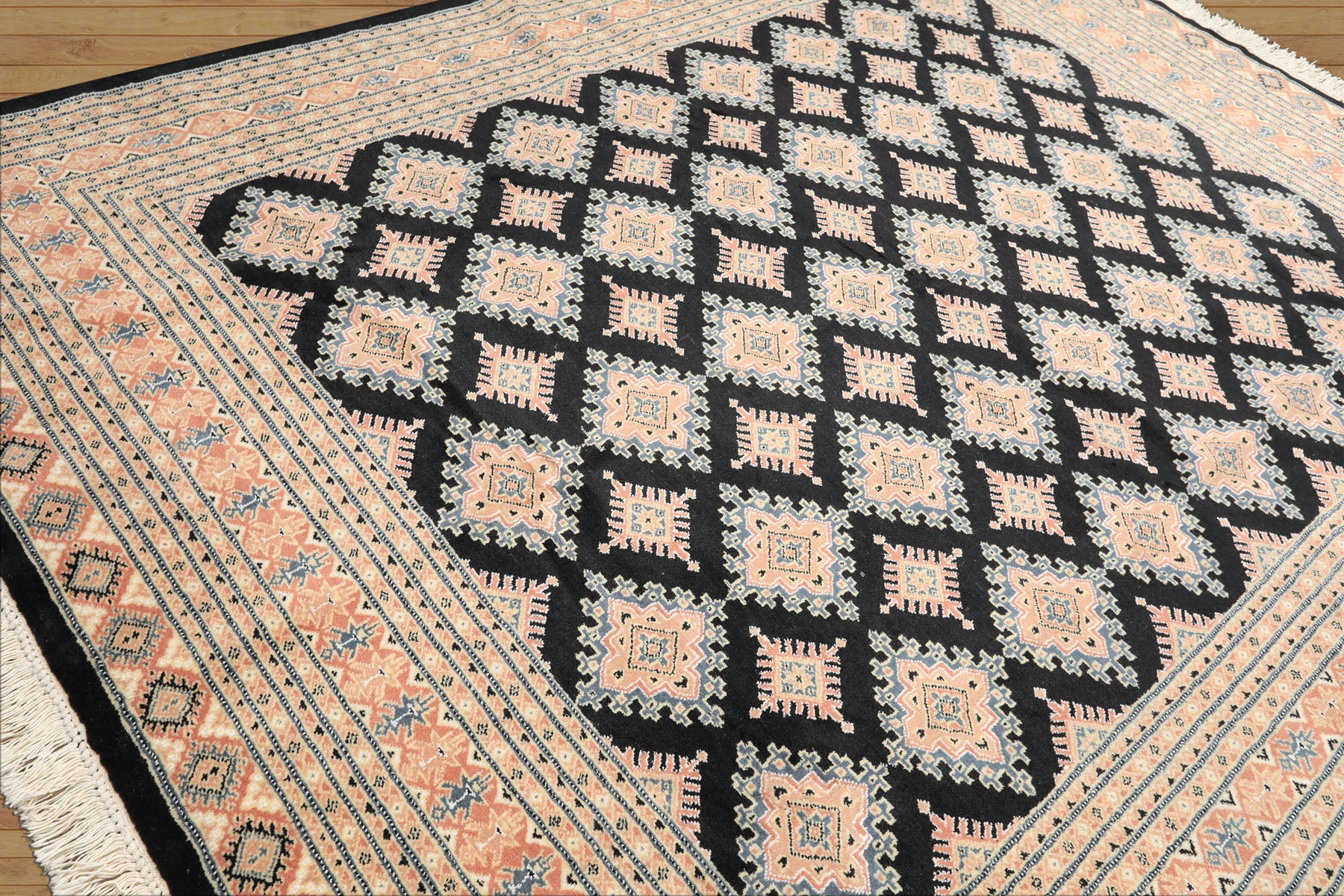 8x10 Black, Peach, Ivory Color Hand Knotted Bokhara Wool Traditional Oriental Rug