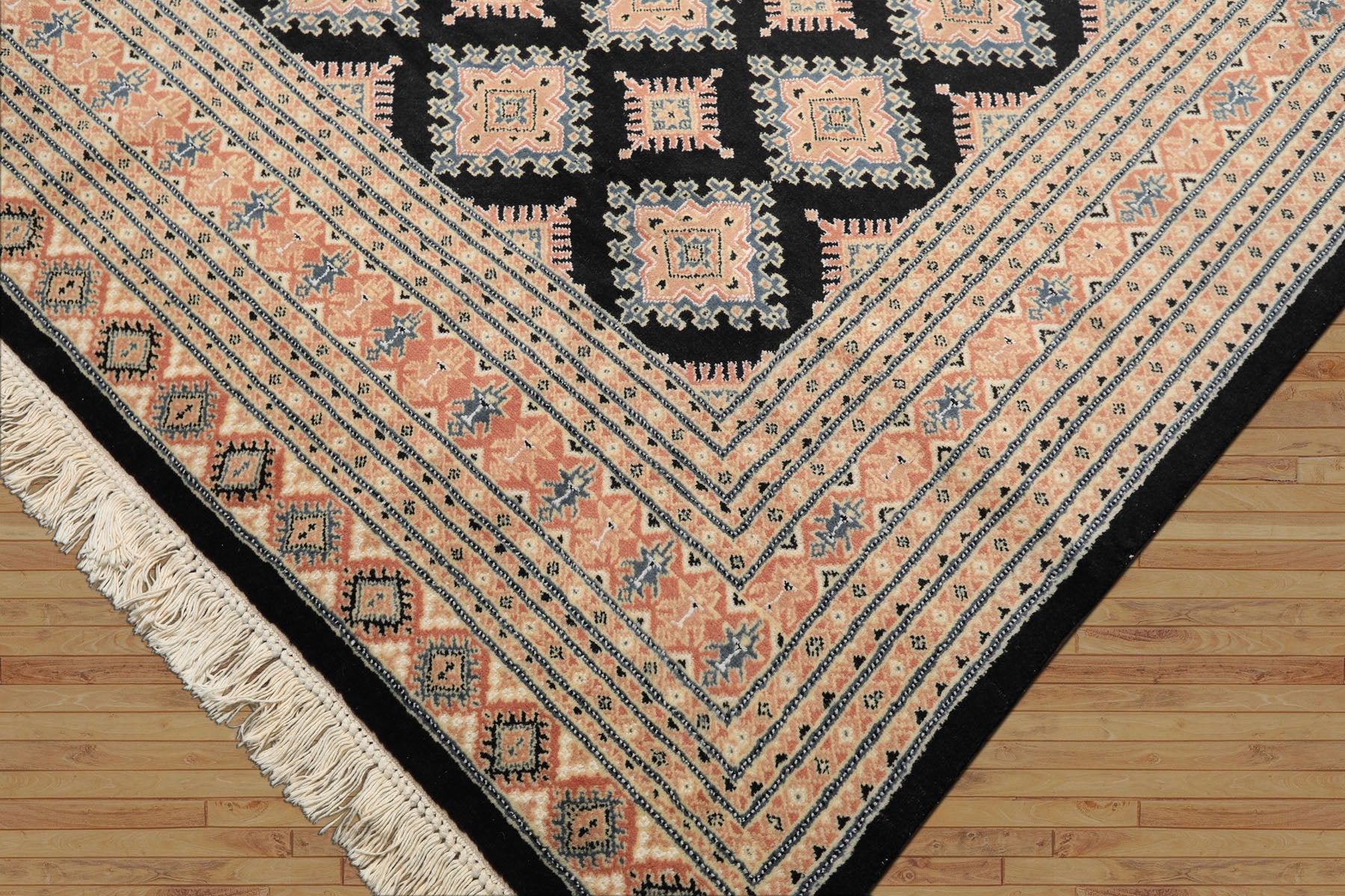 8x10 Black, Peach, Ivory Color Hand Knotted Bokhara Wool Traditional Oriental Rug