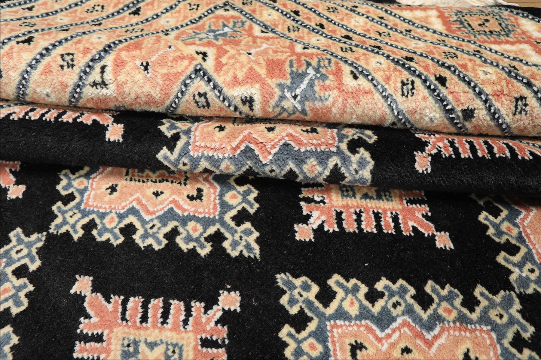 8x10 Black, Peach, Ivory Color Hand Knotted Bokhara Wool Traditional Oriental Rug