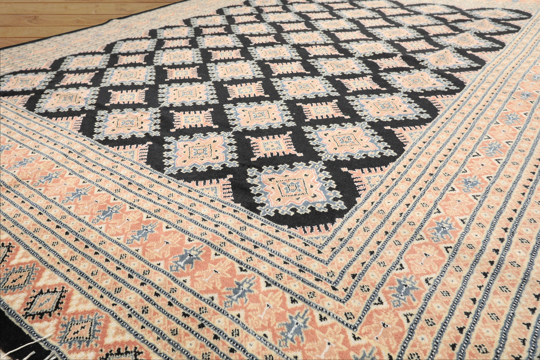 8x10 Black, Peach, Ivory Color Hand Knotted Bokhara Wool Traditional Oriental Rug