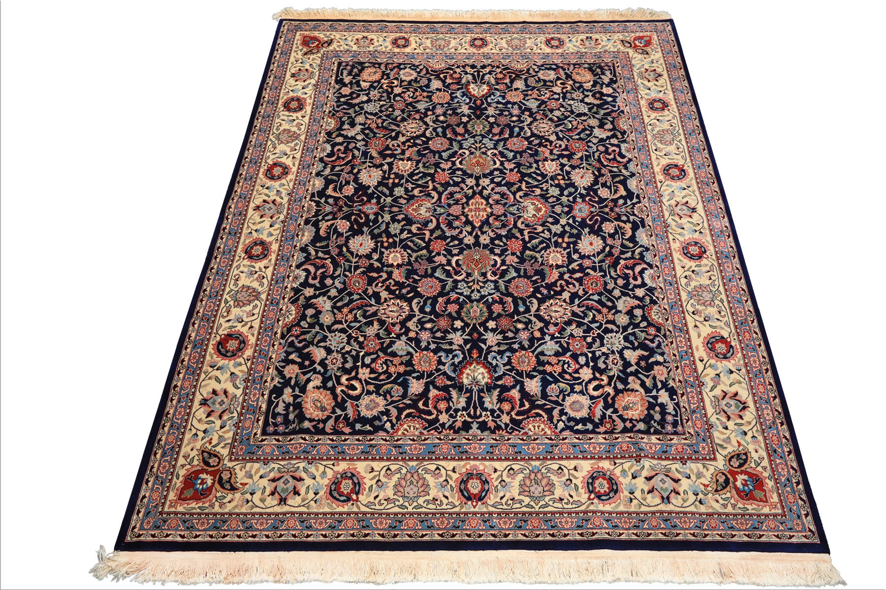 8x10 Navy, Ivory, Red Color Hand Knotted Kashan NZ Wool Traditional Oriental Rug