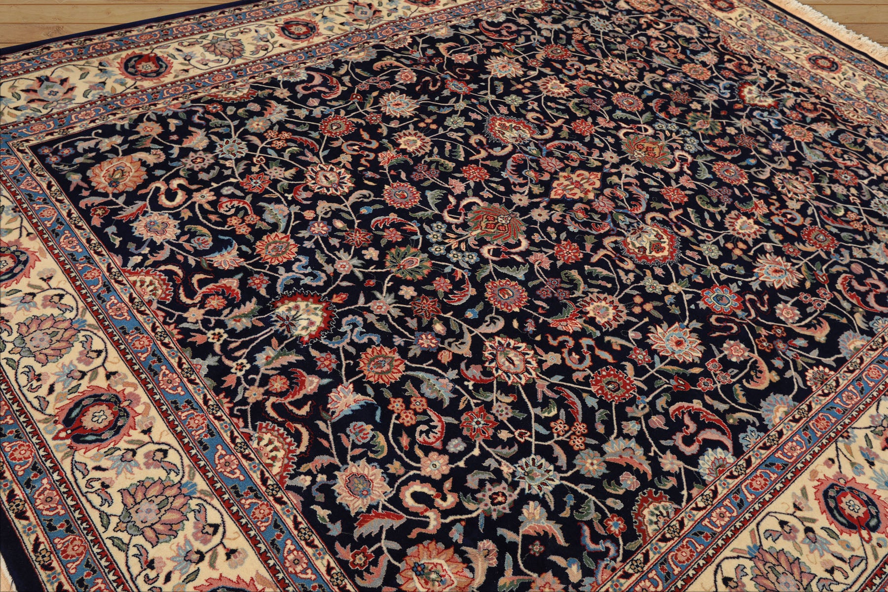 8x10 Navy, Ivory, Red Color Hand Knotted Kashan NZ Wool Traditional Oriental Rug