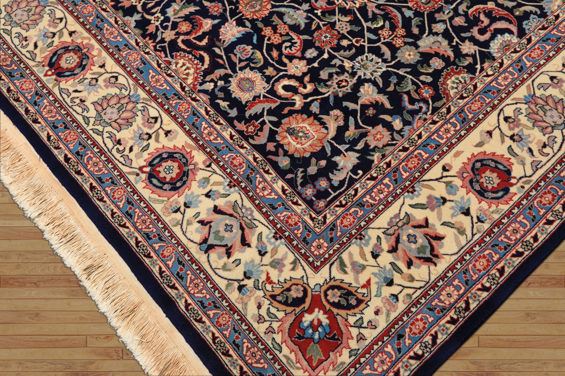 8x10 Navy, Ivory, Red Color Hand Knotted Kashan NZ Wool Traditional Oriental Rug