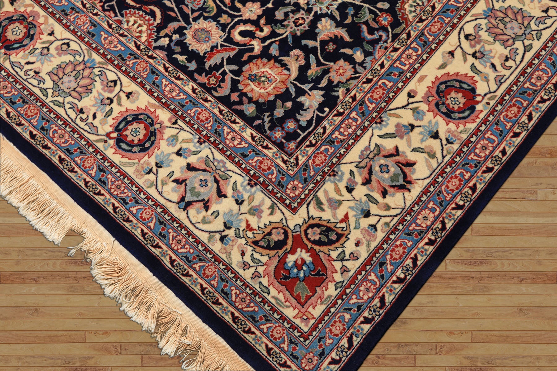 8x10 Navy, Ivory, Red Color Hand Knotted Kashan NZ Wool Traditional Oriental Rug