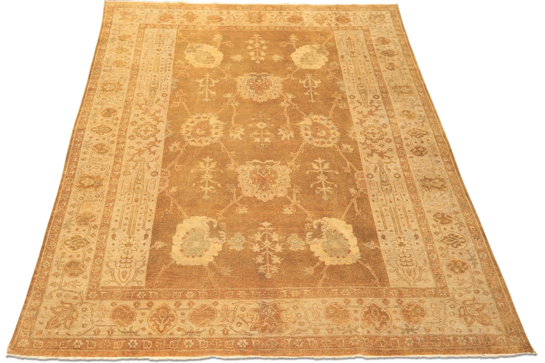 8x10 Antique Gold, Beige, Gray Color Hand Knotted Oushak Wool Transitional Oriental Rug