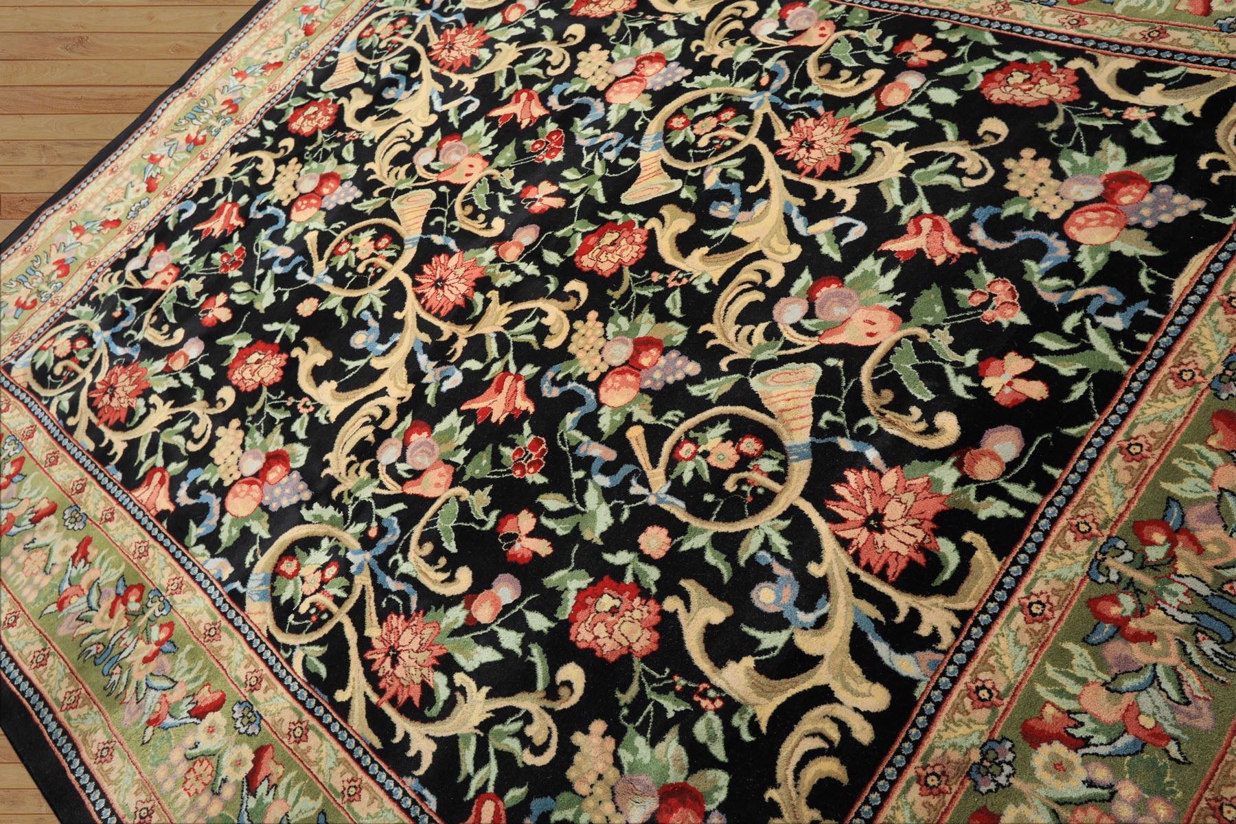 8x10 Black, Mint, Beige Color Hand Knotted French Aubusson Savonnerie Wool Traditional Oriental Rug