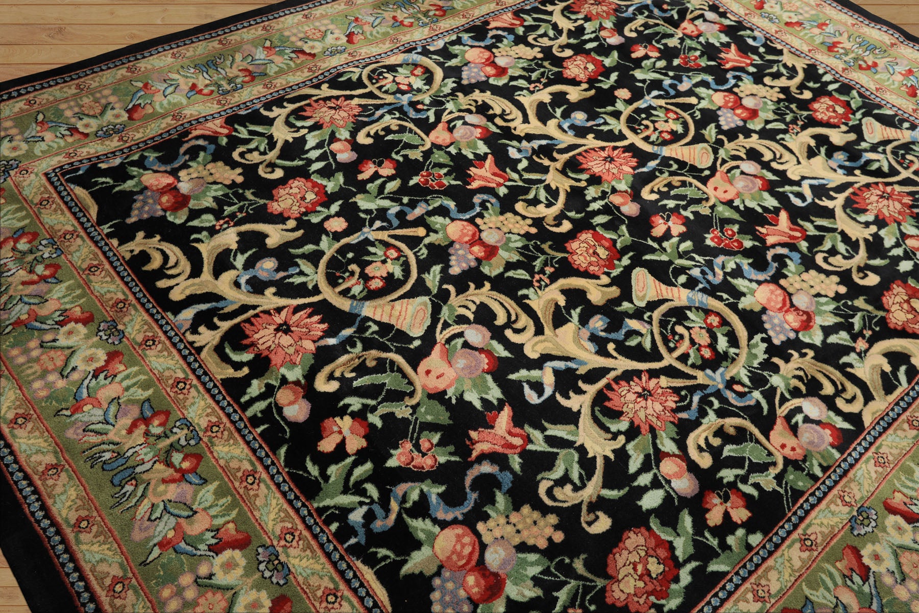 8x10 Black, Mint, Beige Color Hand Knotted French Aubusson Savonnerie Wool Traditional Oriental Rug
