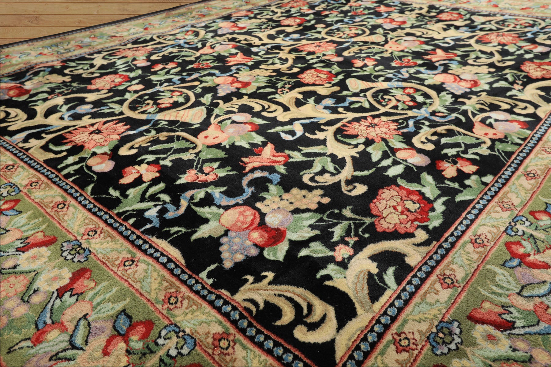 8x10 Black, Mint, Beige Color Hand Knotted French Aubusson Savonnerie Wool Traditional Oriental Rug