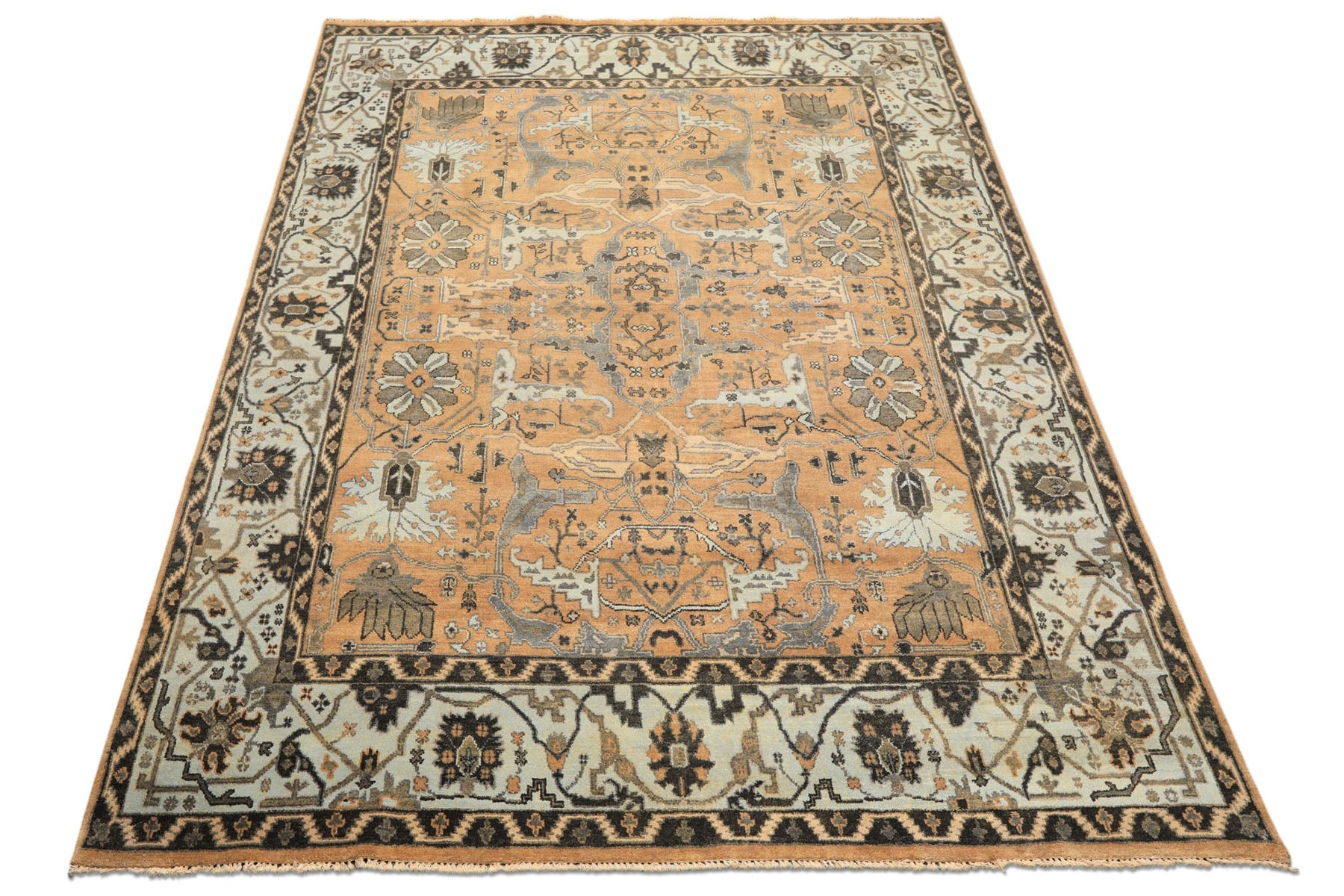 8x10 Peach, Blue, Charcoal Color Hand Knotted Oushak Wool Transitional Oriental Rug