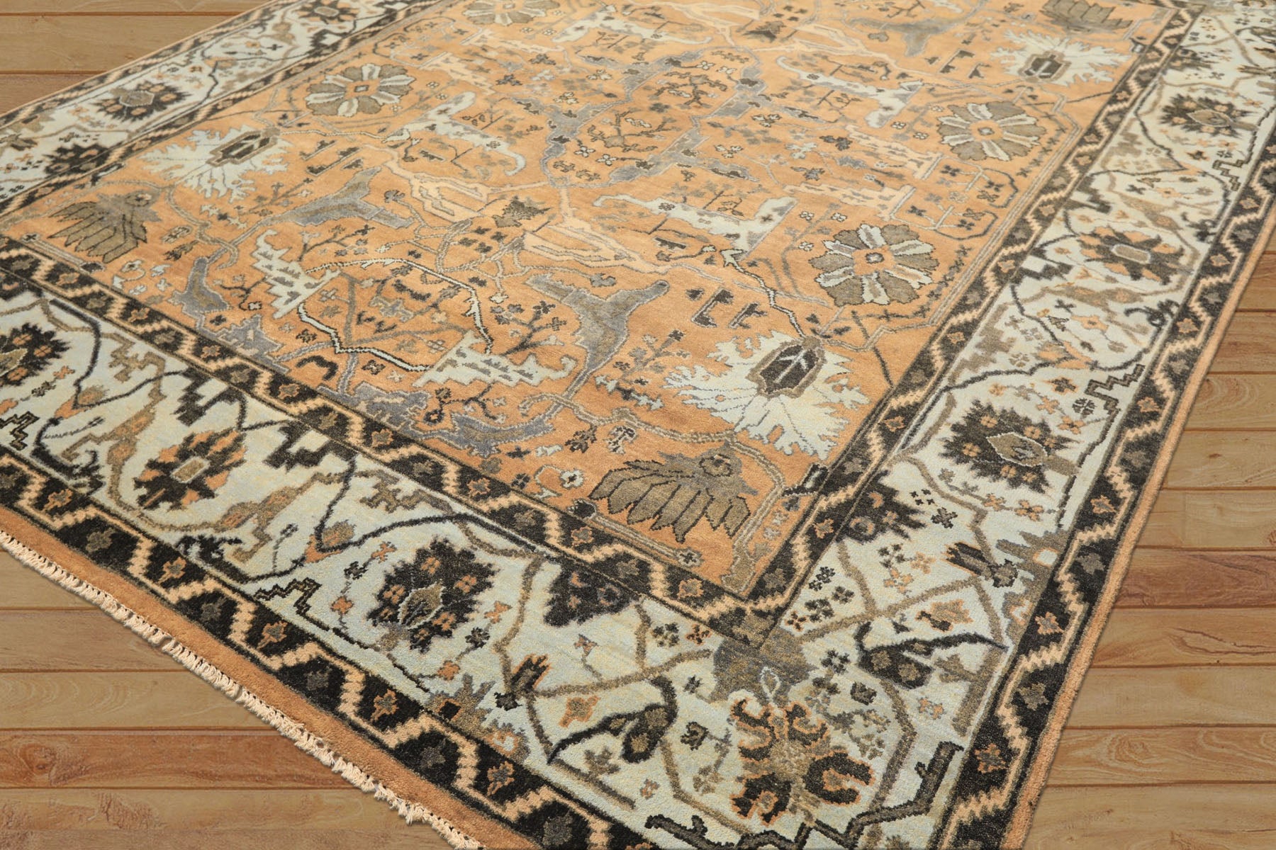 8x10 Peach, Blue, Charcoal Color Hand Knotted Oushak Wool Transitional Oriental Rug