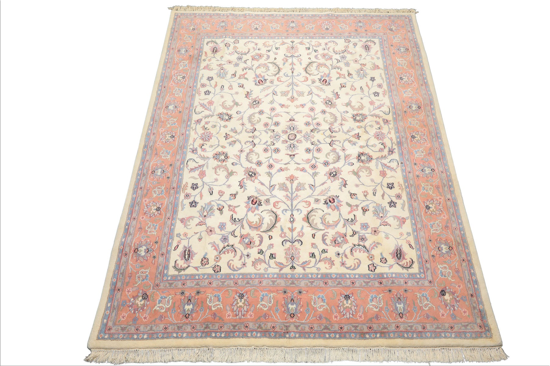 8x10 Ivory, Blush, Blue Color Hand Knotted Kashan Wool Traditional Oriental Rug