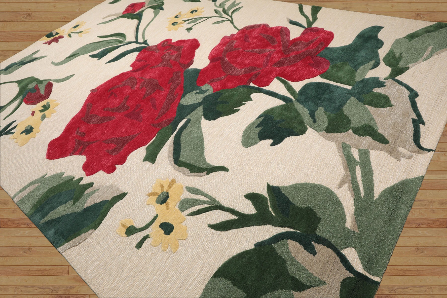Multi Size Beige Green Ruby Red Color Hand Tufted Floral Wool and Faux Silk Contemporary Oriental Rug