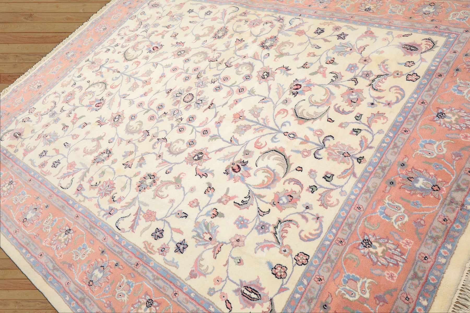 8x10 Ivory, Blush, Blue Color Hand Knotted Kashan Wool Traditional Oriental Rug