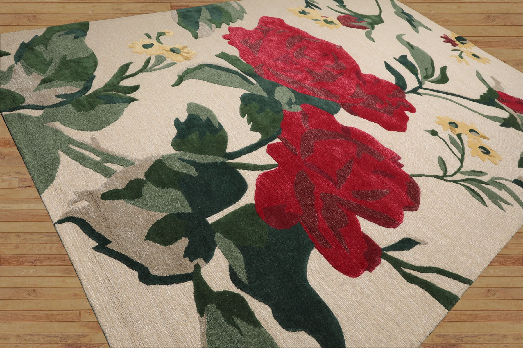 Multi Size Beige Green Ruby Red Color Hand Tufted Floral Wool and Faux Silk Contemporary Oriental Rug