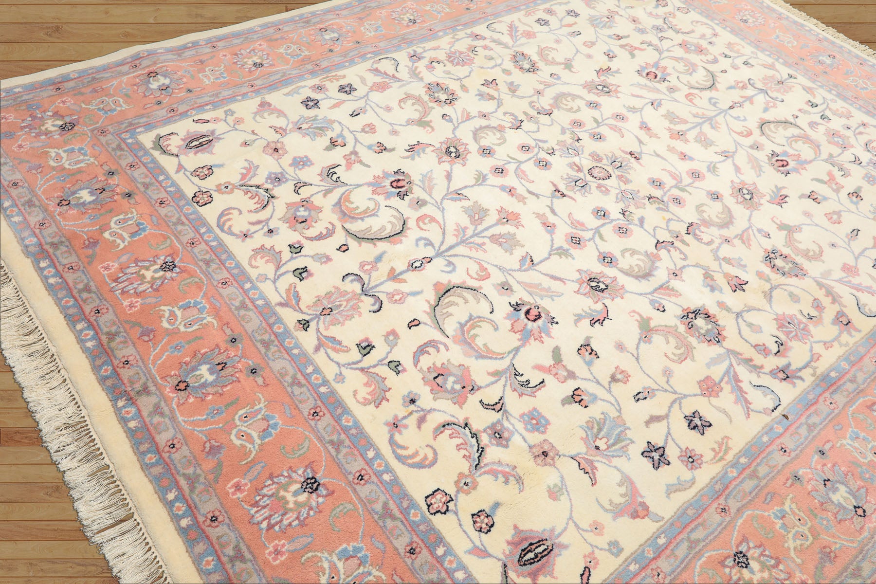 8x10 Ivory, Blush, Blue Color Hand Knotted Kashan Wool Traditional Oriental Rug