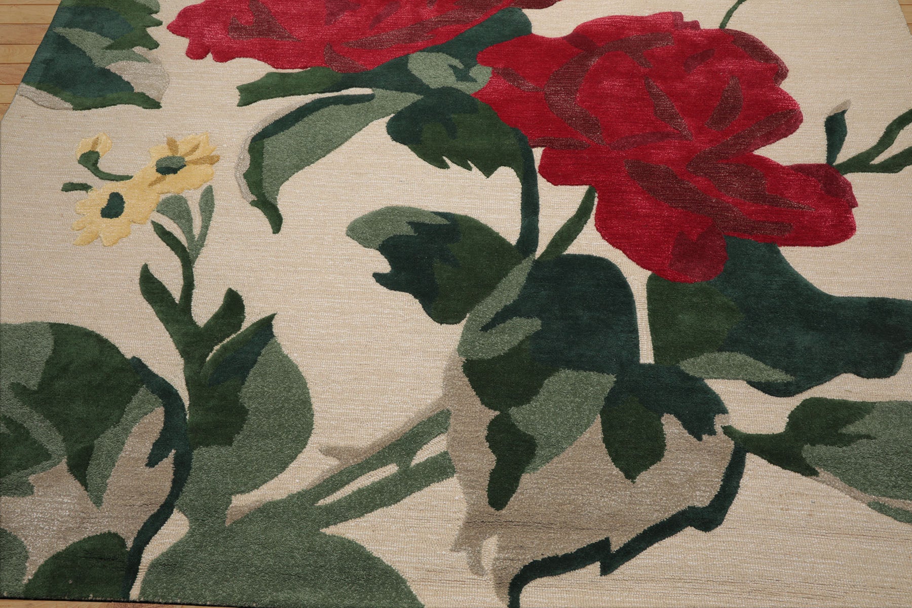 Multi Size Beige Green Ruby Red Color Hand Tufted Floral Wool and Faux Silk Contemporary Oriental Rug