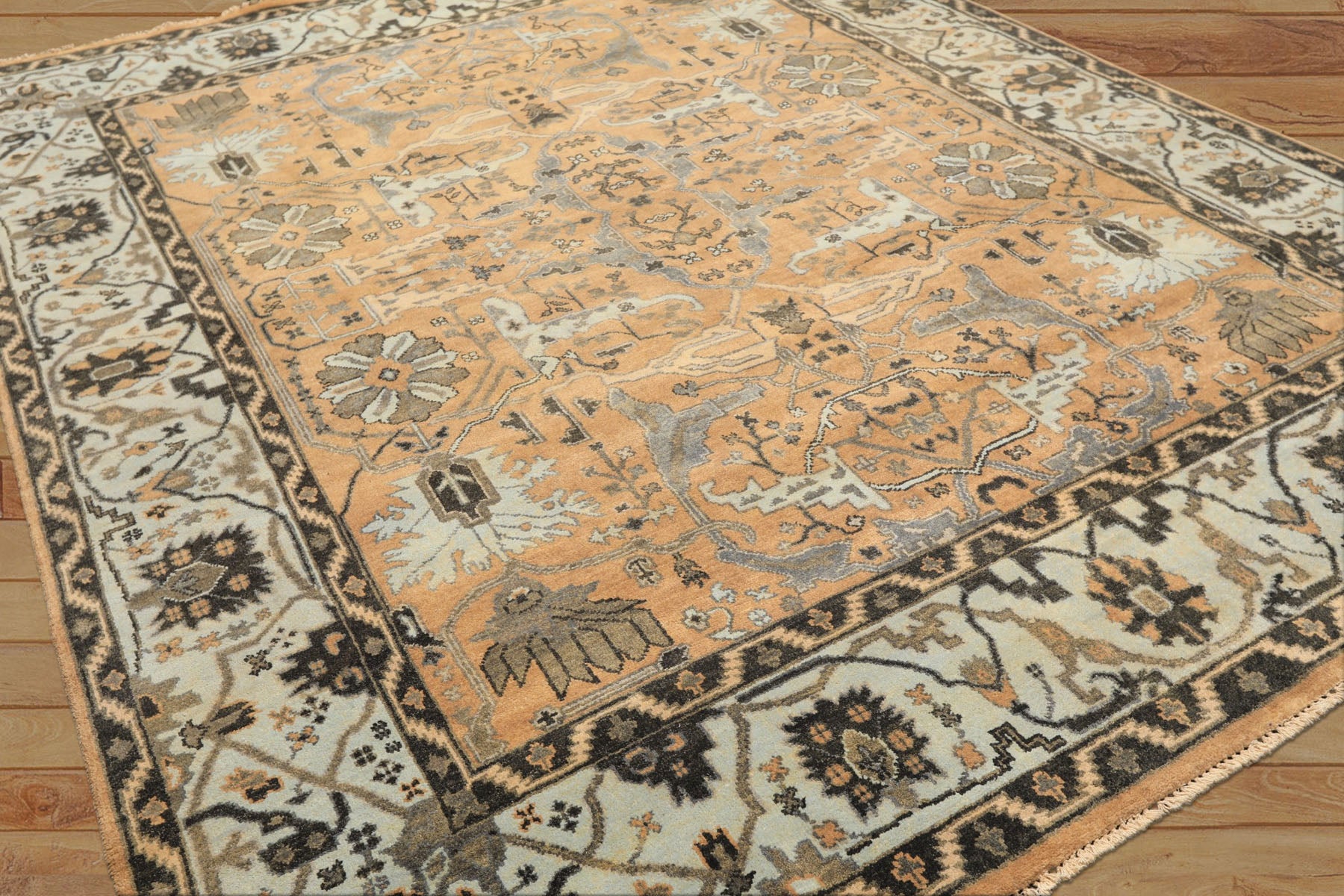 8x10 Peach, Blue, Charcoal Color Hand Knotted Oushak Wool Transitional Oriental Rug