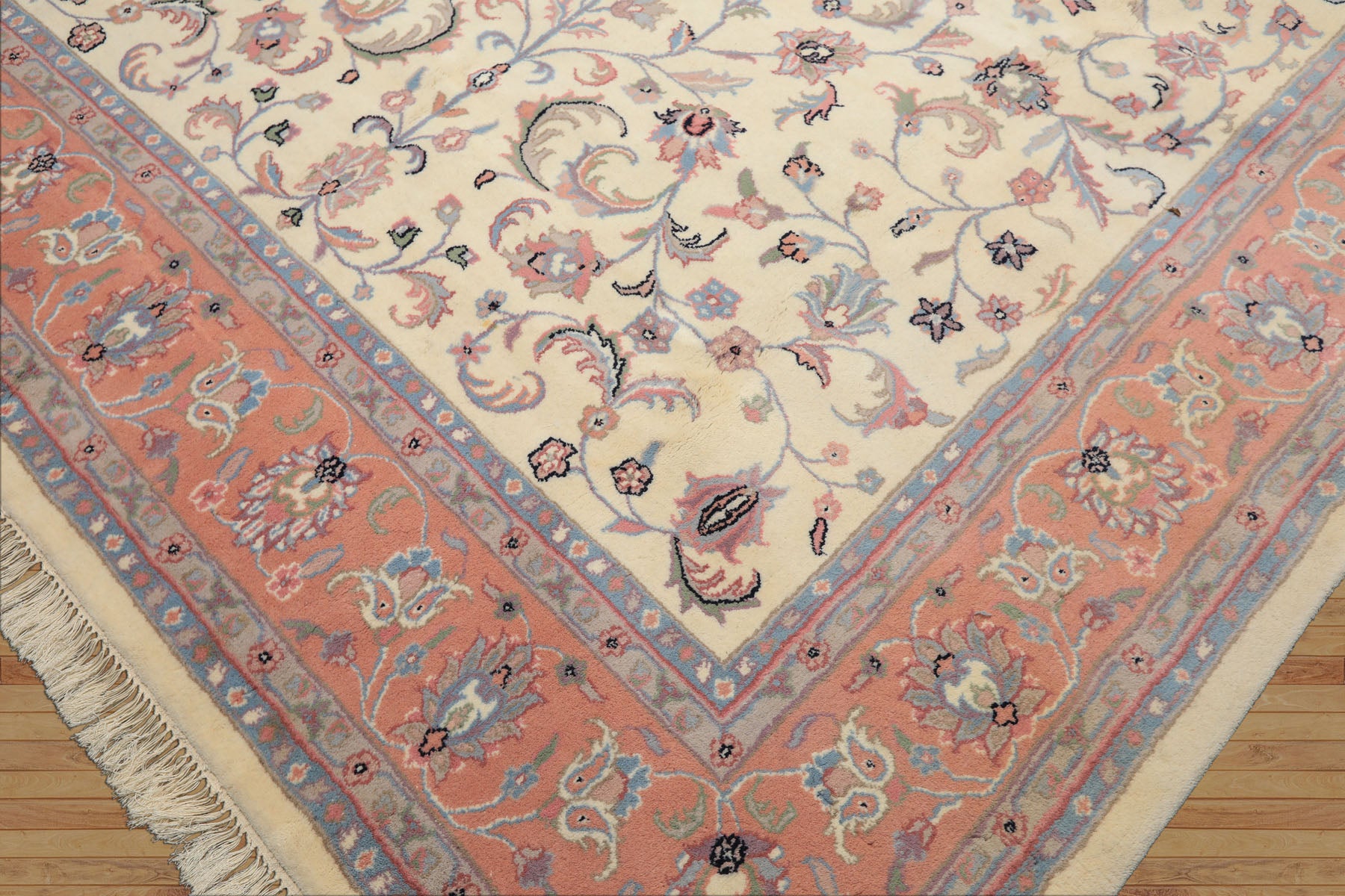8x10 Ivory, Blush, Blue Color Hand Knotted Kashan Wool Traditional Oriental Rug