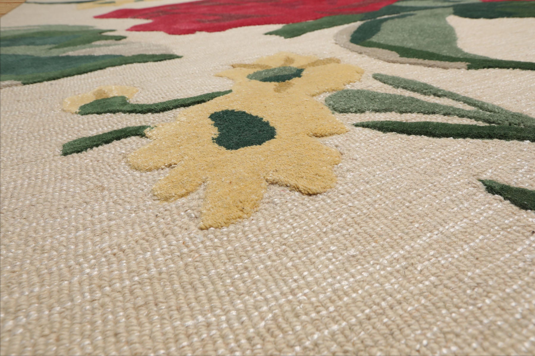 Multi Size Beige Green Ruby Red Color Hand Tufted Floral Wool and Faux Silk Contemporary Oriental Rug