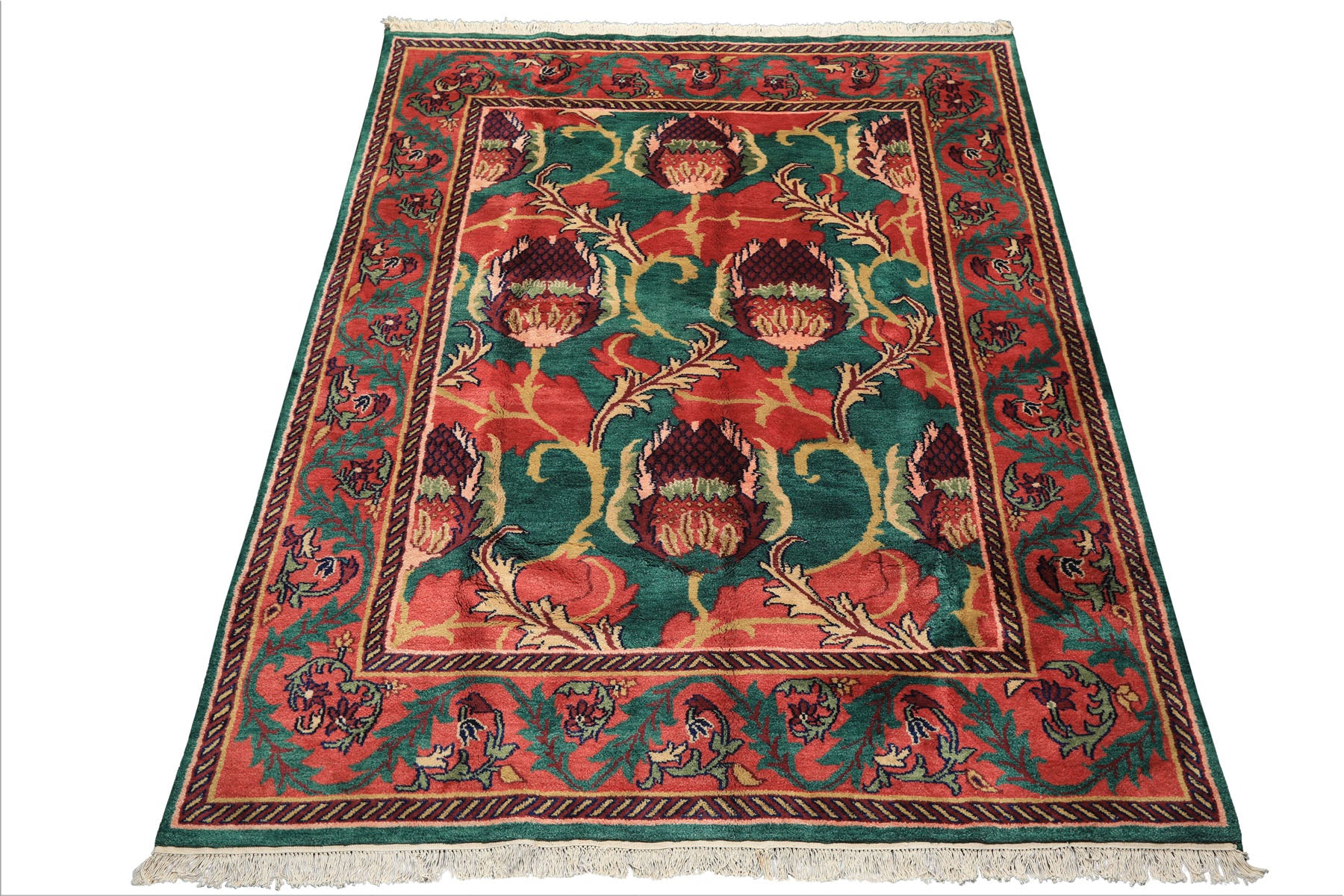 8x10 Teal-Green, Raspberry-Rose, Gold Color Hand Knotted Arts & Crafts Wool Eclectic Oriental Rug