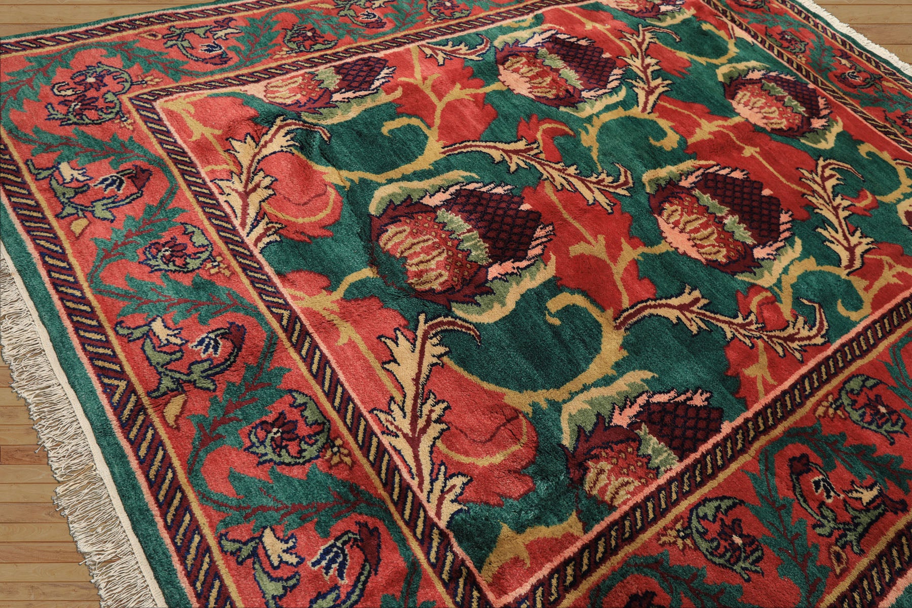 8x10 Teal-Green, Raspberry-Rose, Gold Color Hand Knotted Arts & Crafts Wool Eclectic Oriental Rug