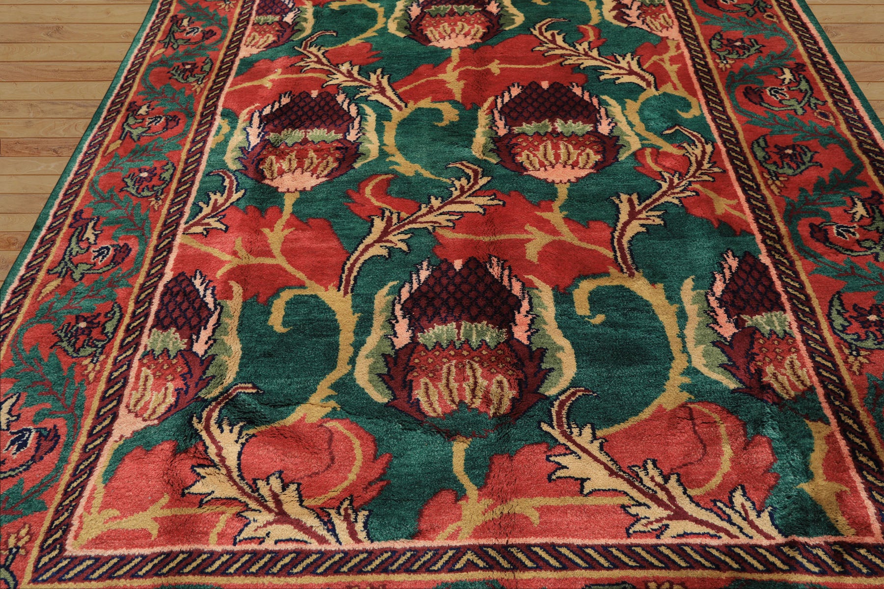 8x10 Teal-Green, Raspberry-Rose, Gold Color Hand Knotted Arts & Crafts Wool Eclectic Oriental Rug