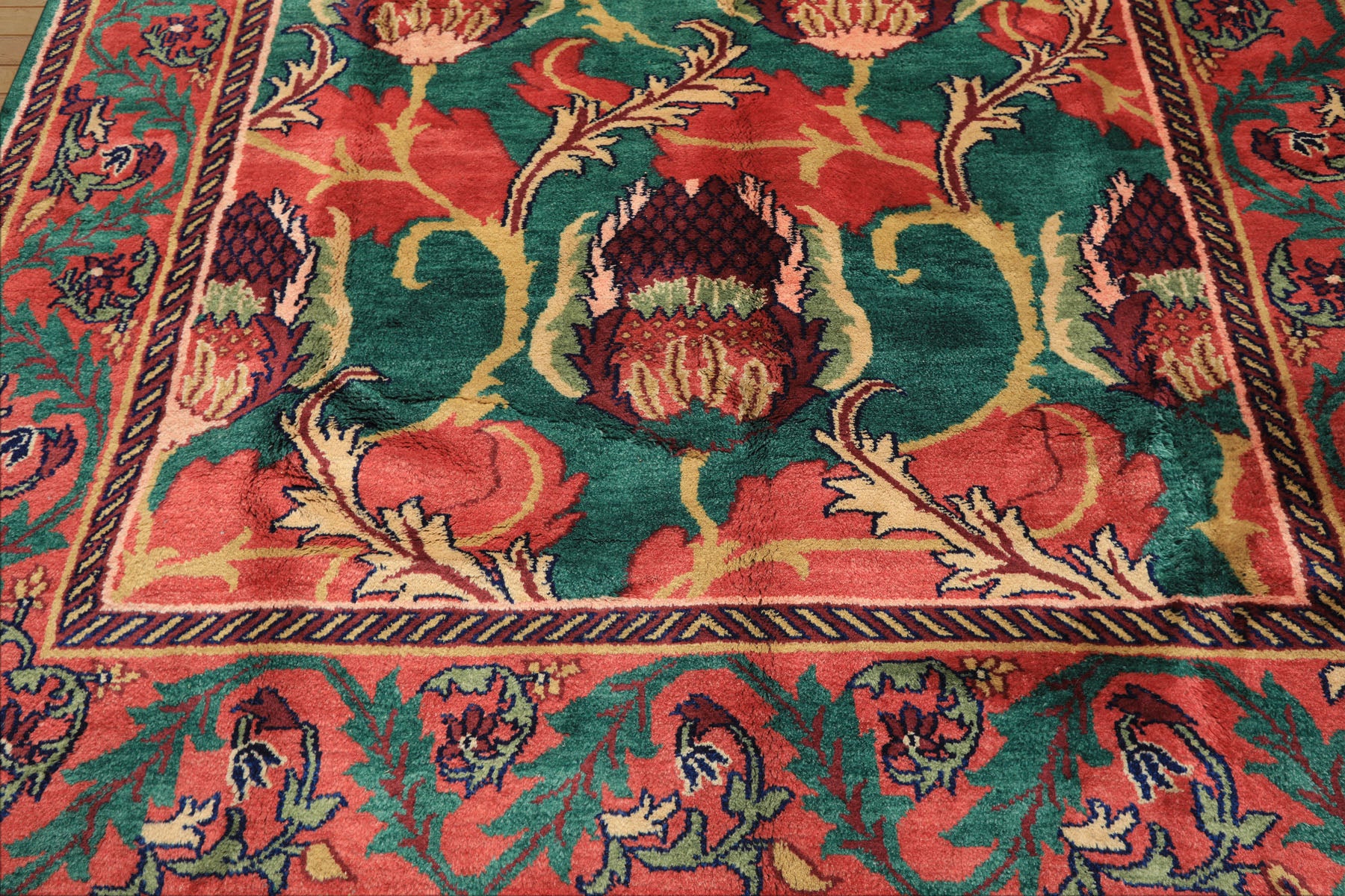 8x10 Teal-Green, Raspberry-Rose, Gold Color Hand Knotted Arts & Crafts Wool Eclectic Oriental Rug