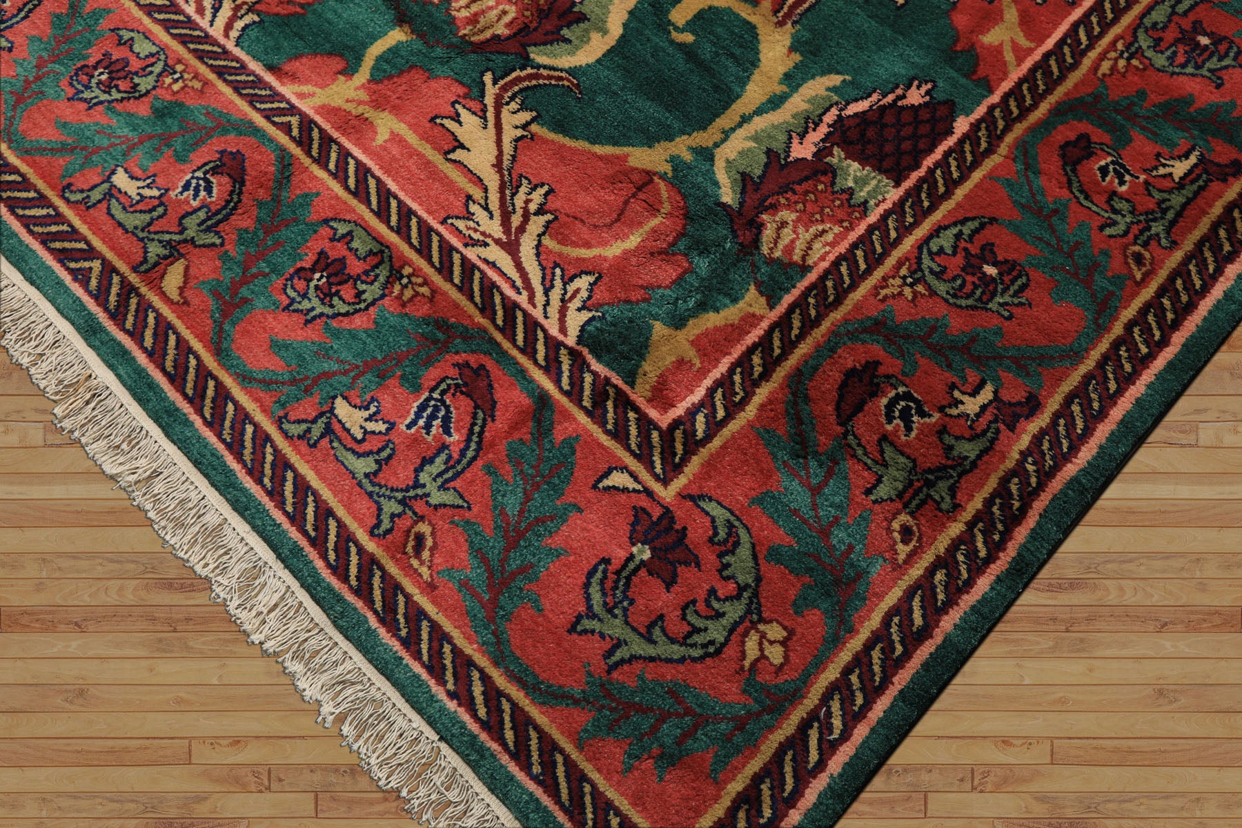 8x10 Teal-Green, Raspberry-Rose, Gold Color Hand Knotted Arts & Crafts Wool Eclectic Oriental Rug