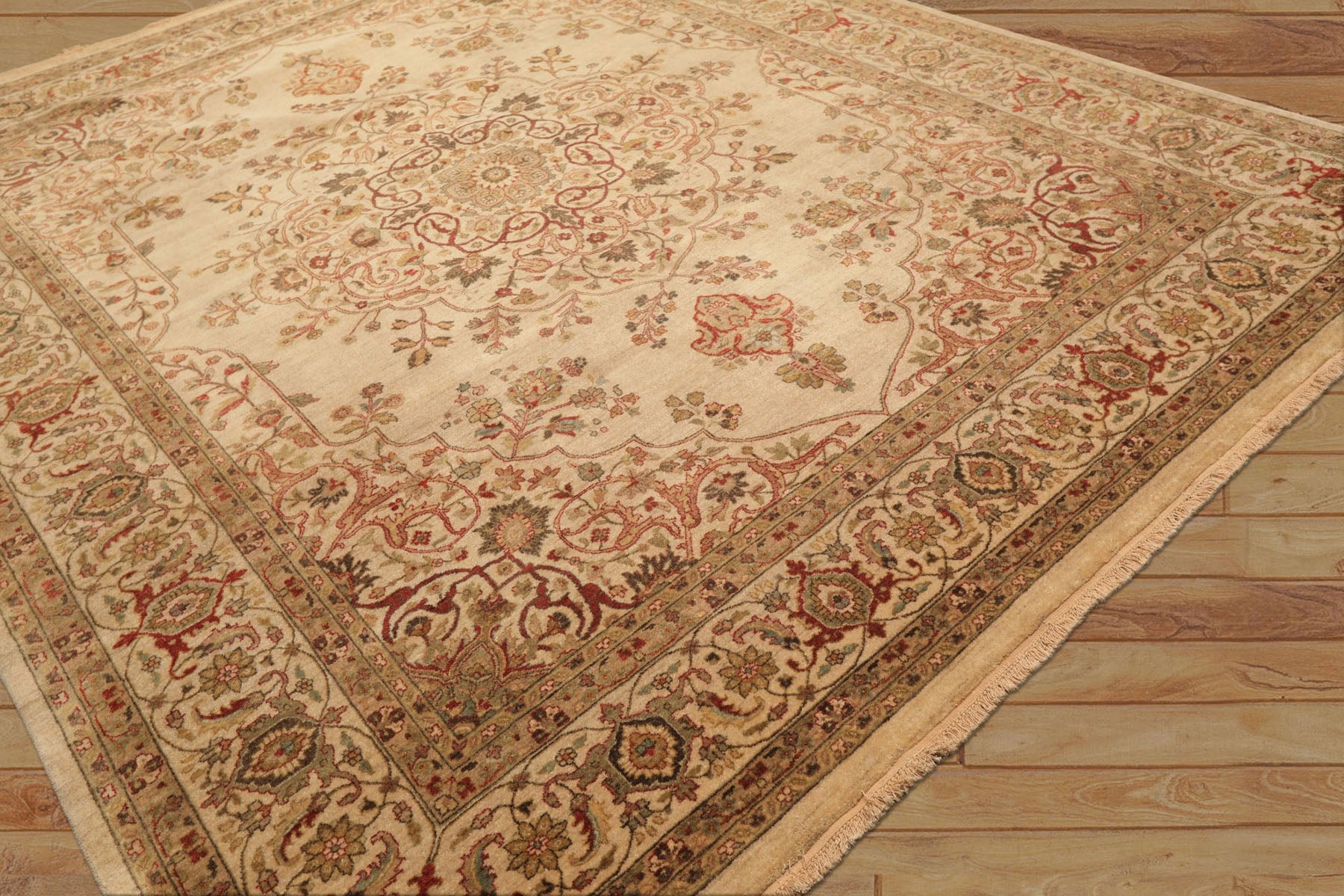 8x10 Beige, Moss, Rust Color Hand Knotted Agra Wool Traditional Oriental Rug