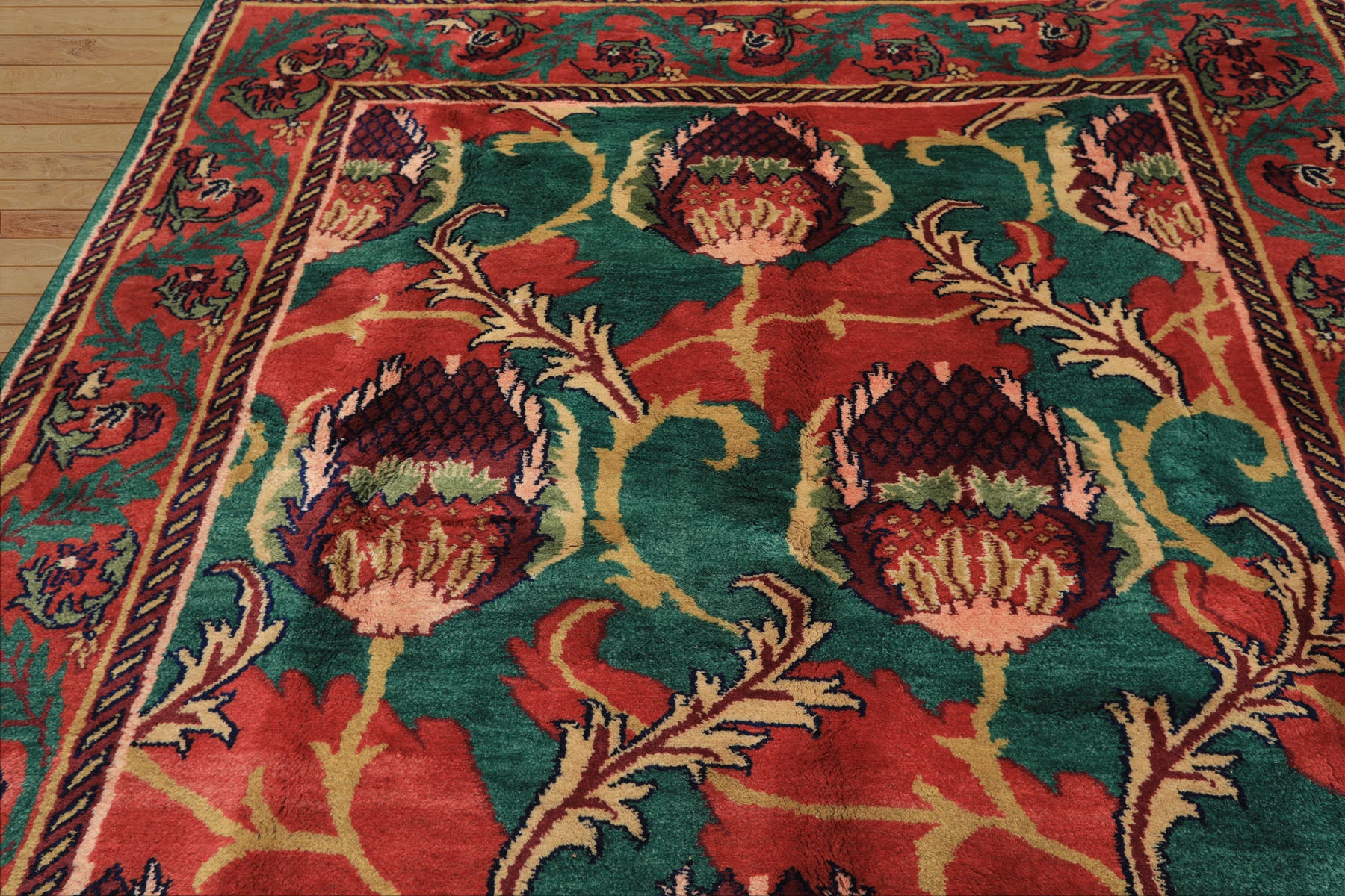 8x10 Teal-Green, Raspberry-Rose, Gold Color Hand Knotted Arts & Crafts Wool Eclectic Oriental Rug